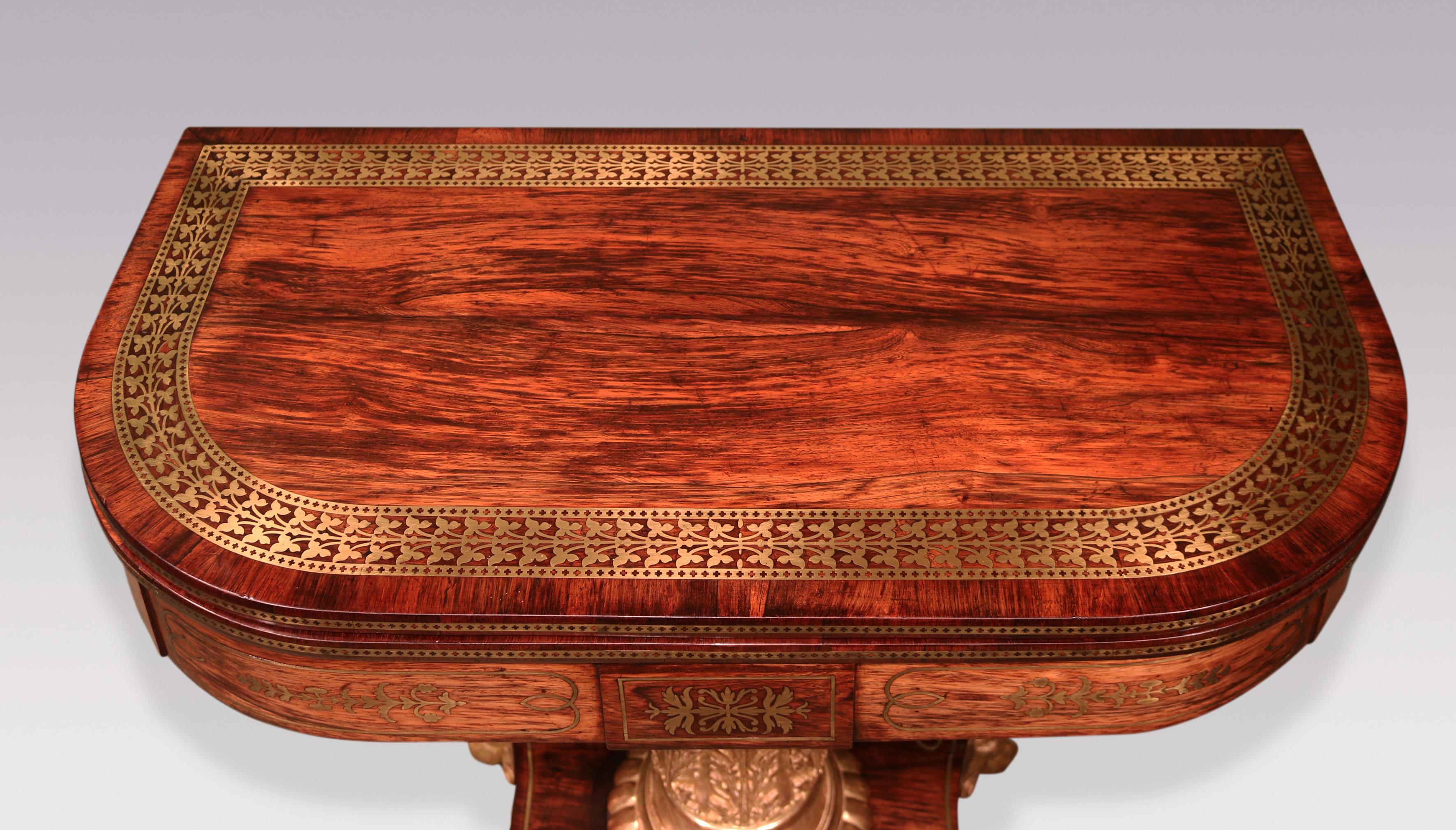 English Antique Regency period rosewood and brass card table For Sale