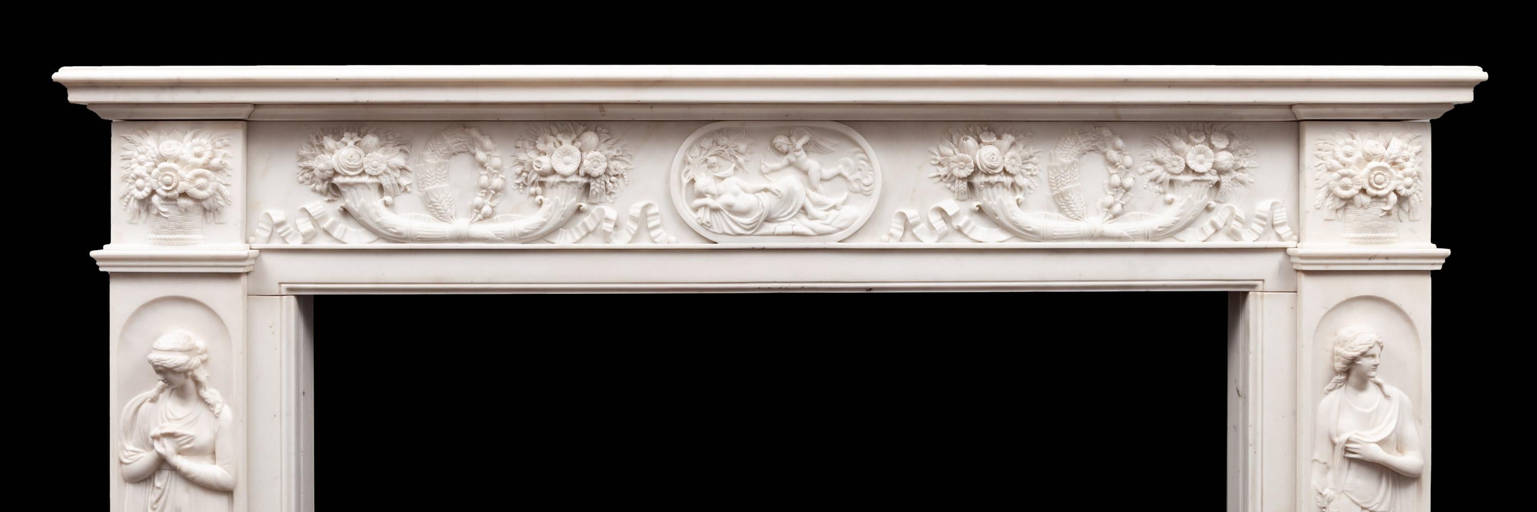 Italian Antique Regency Period Statuary Marble Fireplace Mantel