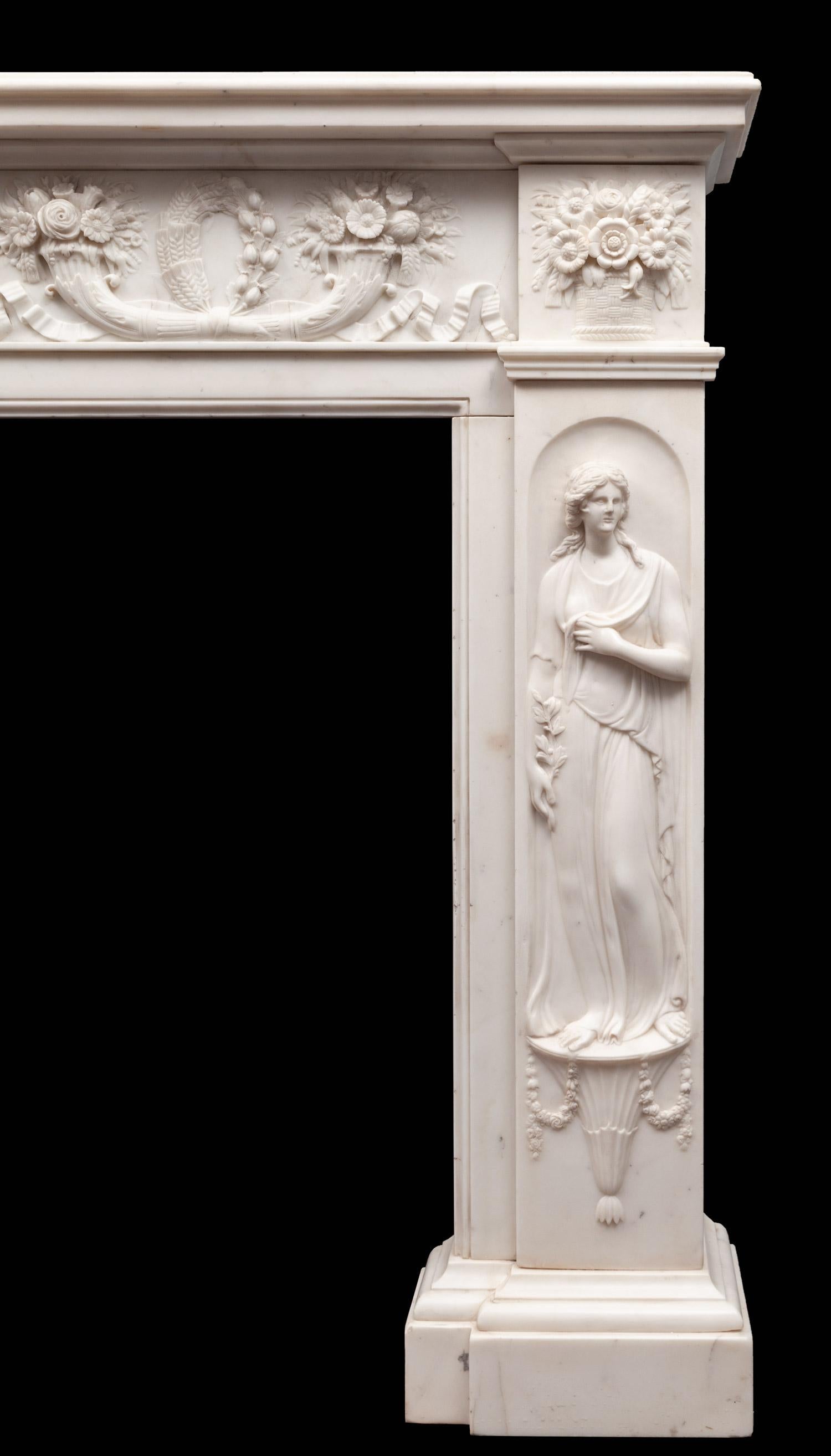 Carved Antique Regency Period Statuary Marble Fireplace Mantel