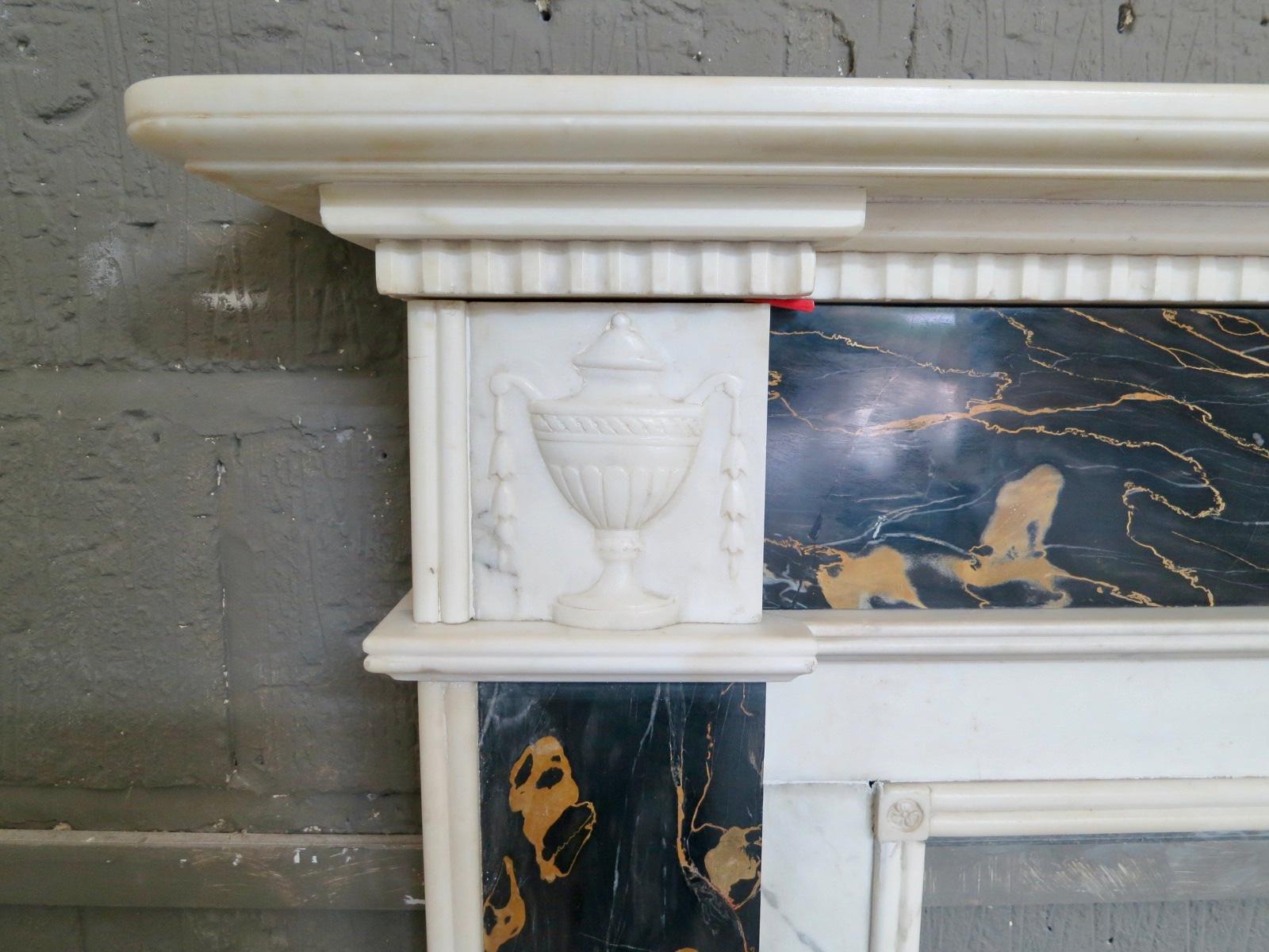 English Antique Regency Period Statuary White and Portoro Marble Fireplace Mantel