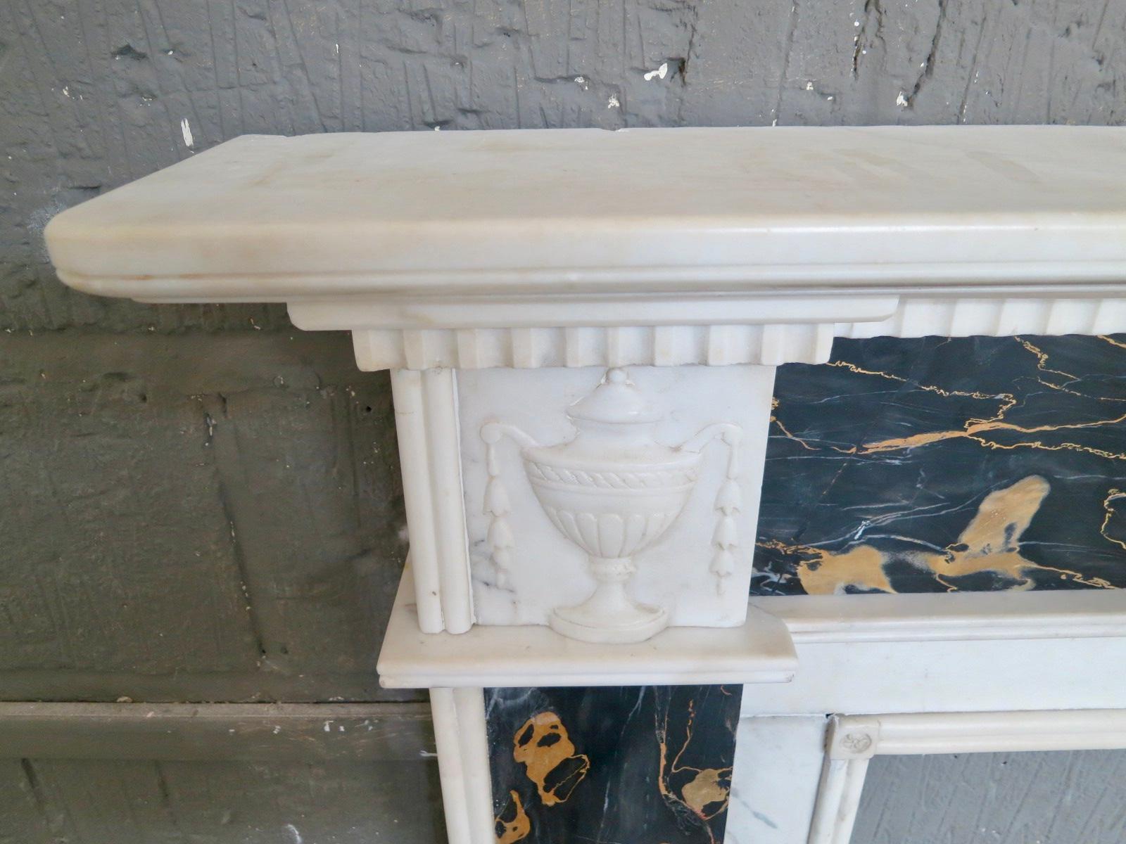 Carved Antique Regency Period Statuary White and Portoro Marble Fireplace Mantel
