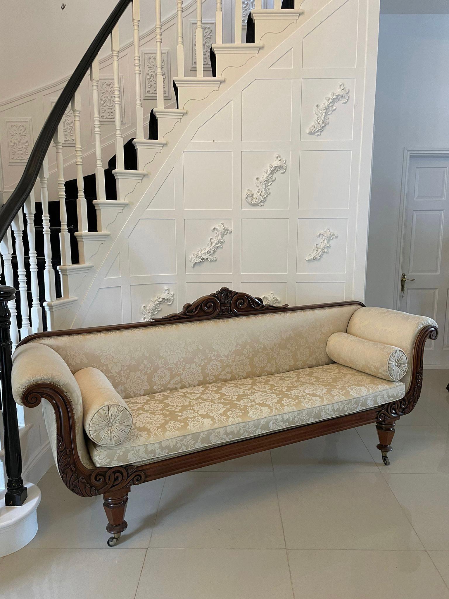 ??Antique Regency quality carved mahogany double scroll end settee having a pretty quality carved mahogany top rail, double scroll shaped carved mahogany arms, reeded and carved frieze standing on four lovely hexagon shaped tapering legs with