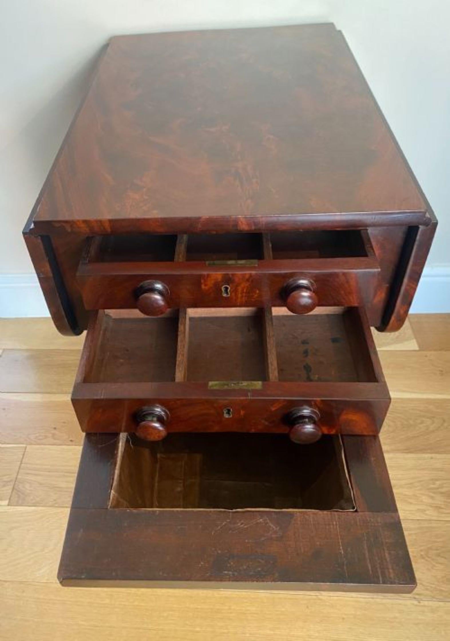 Antique regency quality figured mahogany sewing table having a quality figured mahogany top with two drop leaves above two drawers with original turned mahogany knobs sliding silk storage compartment on a U shaped figured mahogany support, supported