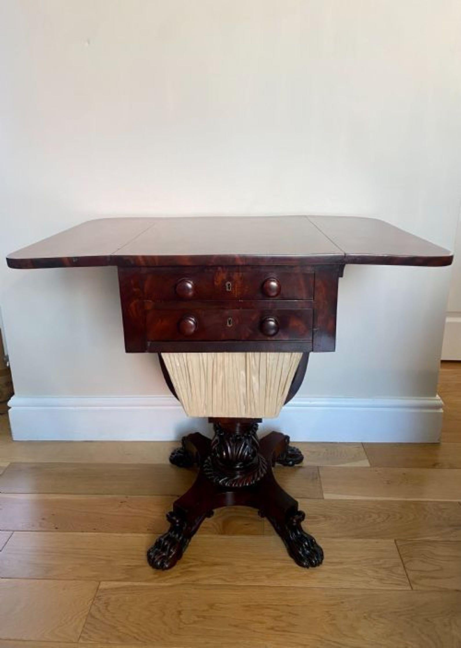 19th Century Antique Regency Quality Figured Mahogany Sewing Table  For Sale