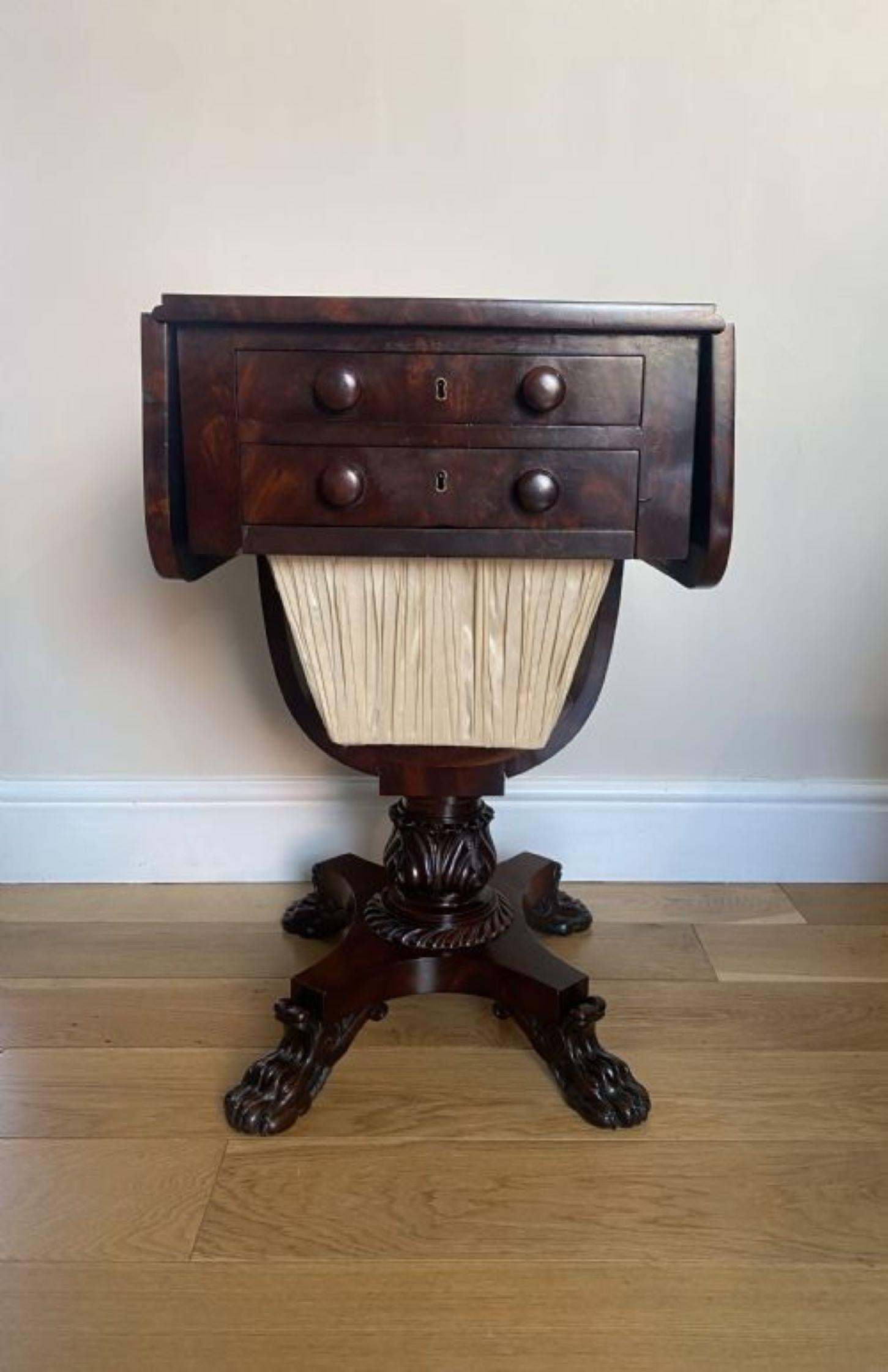 Antique Regency Quality Figured Mahogany Sewing Table  For Sale 3