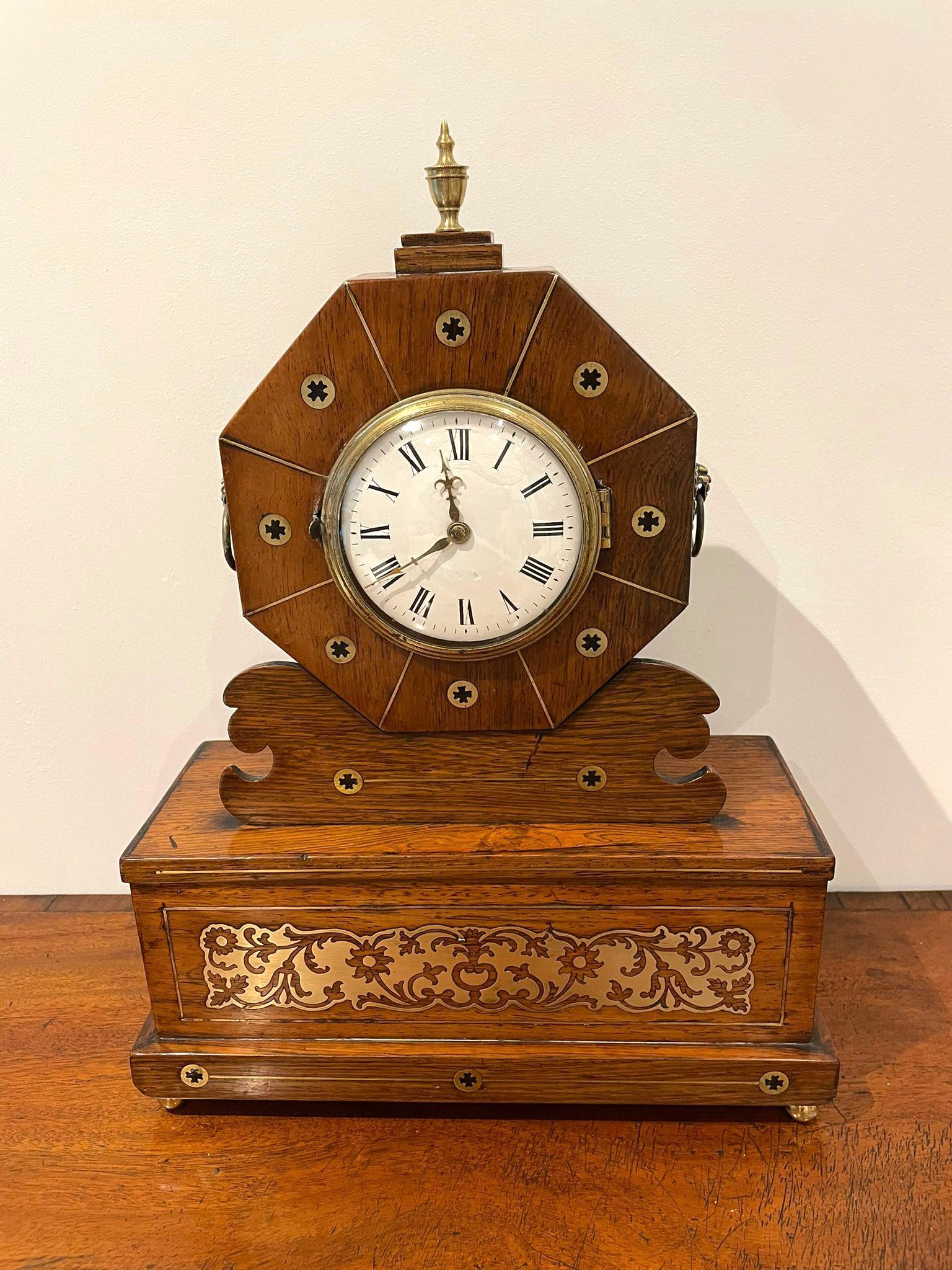 English Antique Regency Quality Rosewood Brass Inlaid Mantle Clock  For Sale