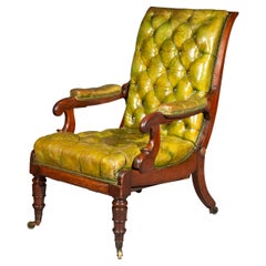 Antique Regency Reclining Armchair in Old Green Leather