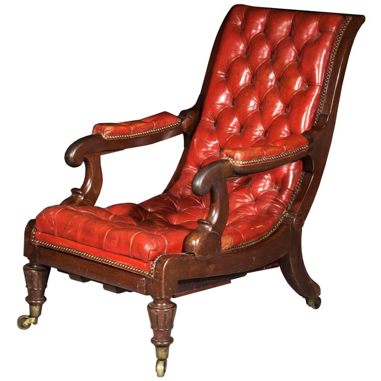 Antique Regency Reclining Armchair In, Red Leather Arm Chair