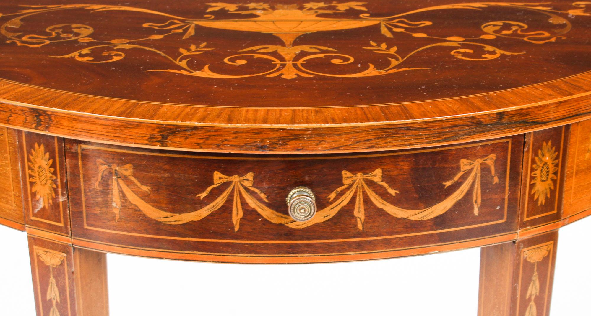 English Antique Regency Revival Marquetry Demilune Console Table, 19th Century