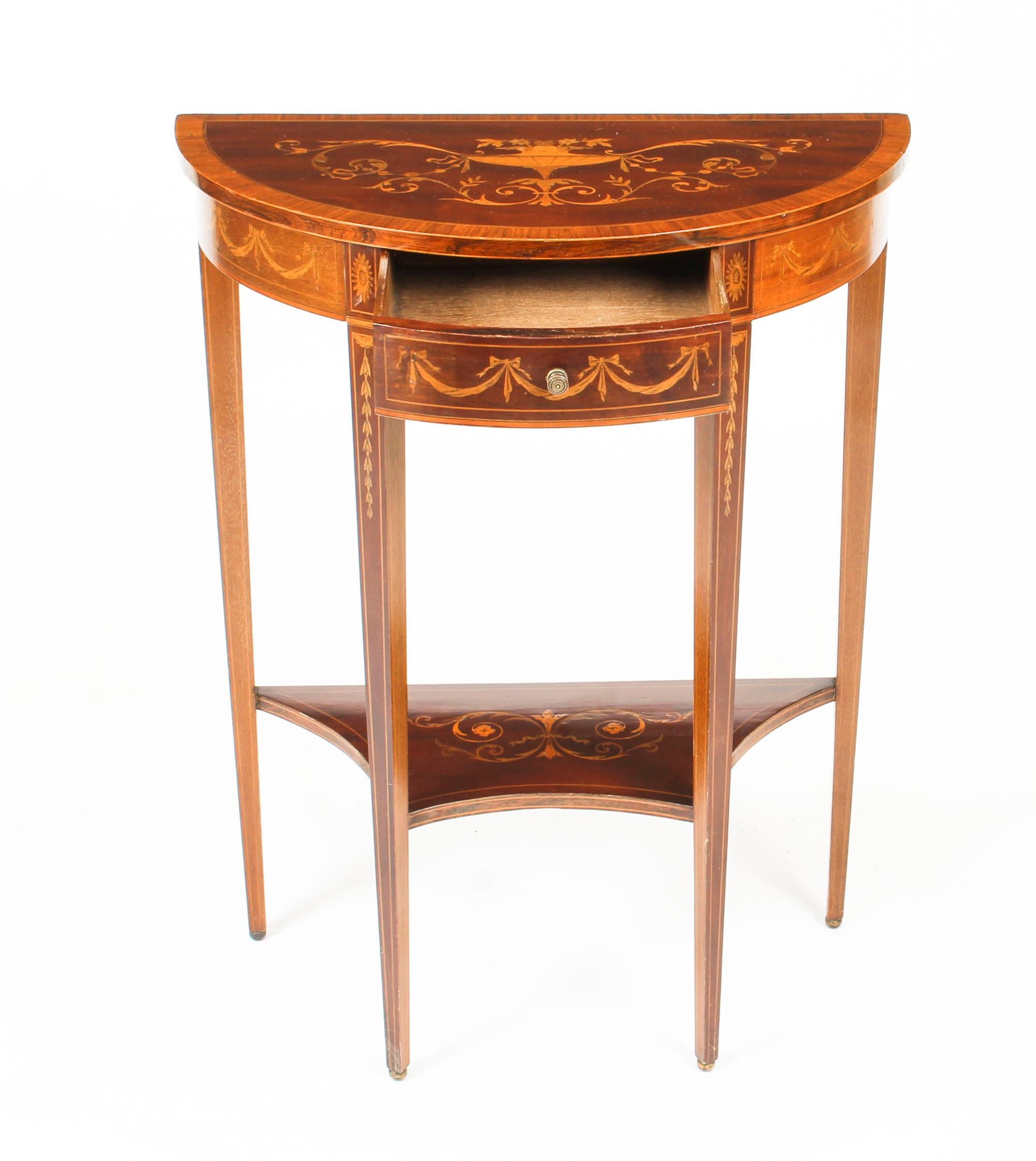 Mahogany Antique Regency Revival Marquetry Demilune Console Table, 19th Century