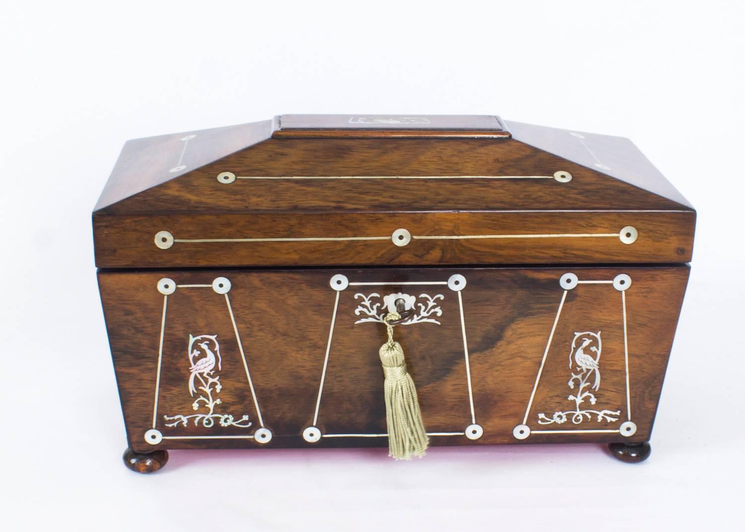 This is an elegant antique Regency mother-of-pearl inlaid rectangular casket, circa 1820 in date.
 
This exquisite collector's item has beautiful mother-of-pearl inlaid decoration with bird motifs and stringing.

The interior features a