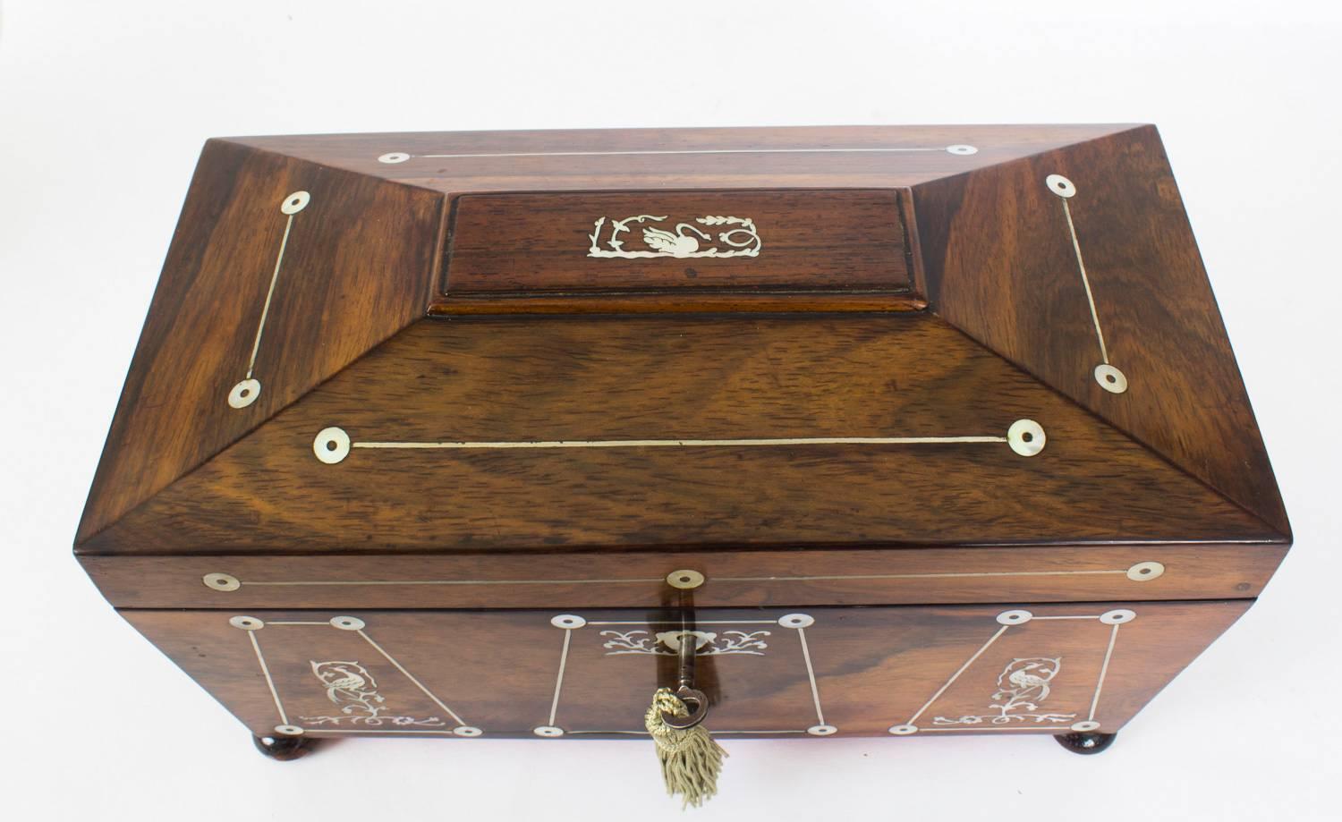 English Antique Regency Rosewood and Mother-of-Pearl Inlaid Casket, 19th Century