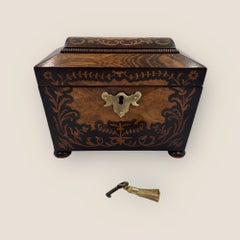 Antike Regency Palisander Messing & florale Intarsien Sarkophag Tee Caddy