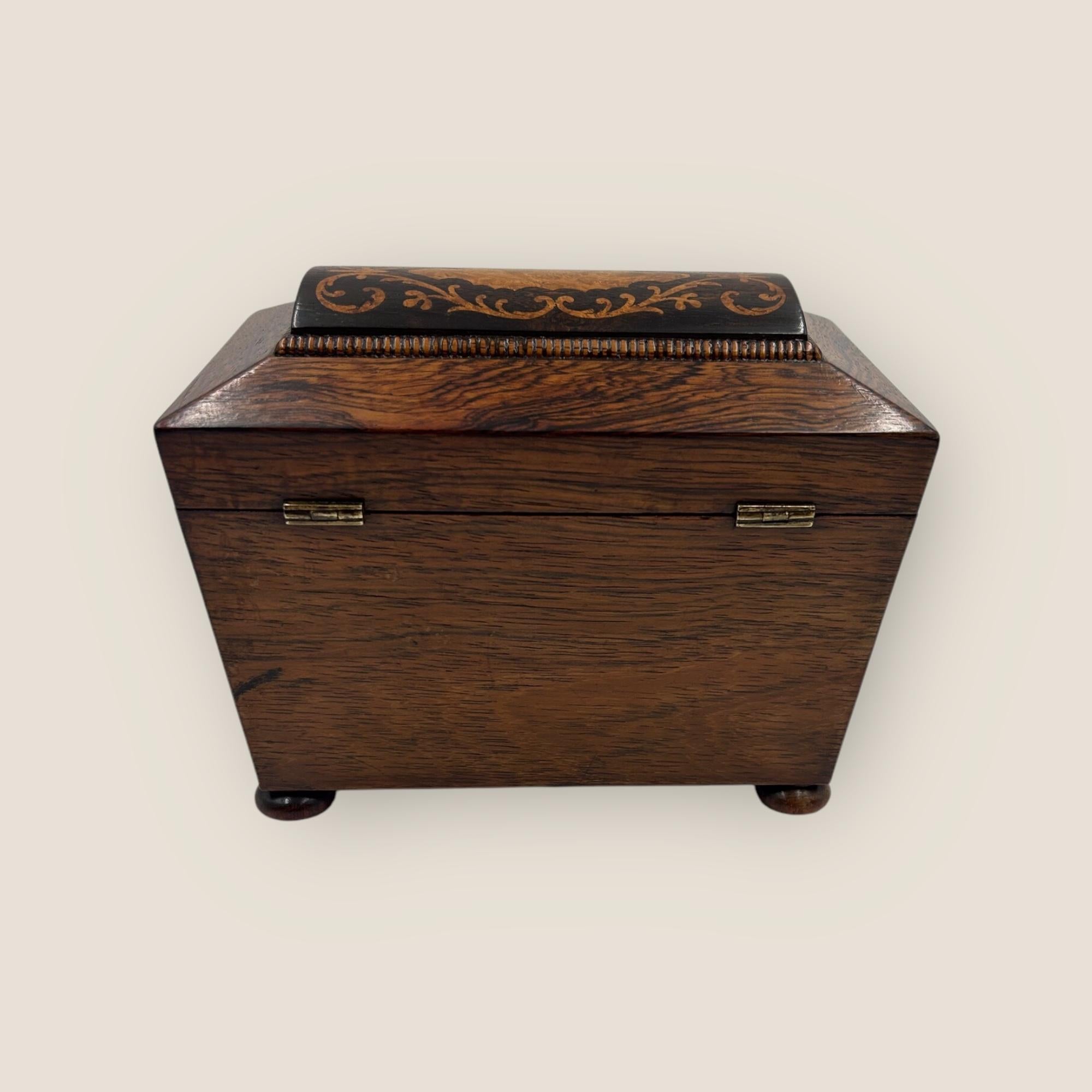 XIXe siècle Ancienne boîte à thé Regency en bois de rose et marqueterie en vente