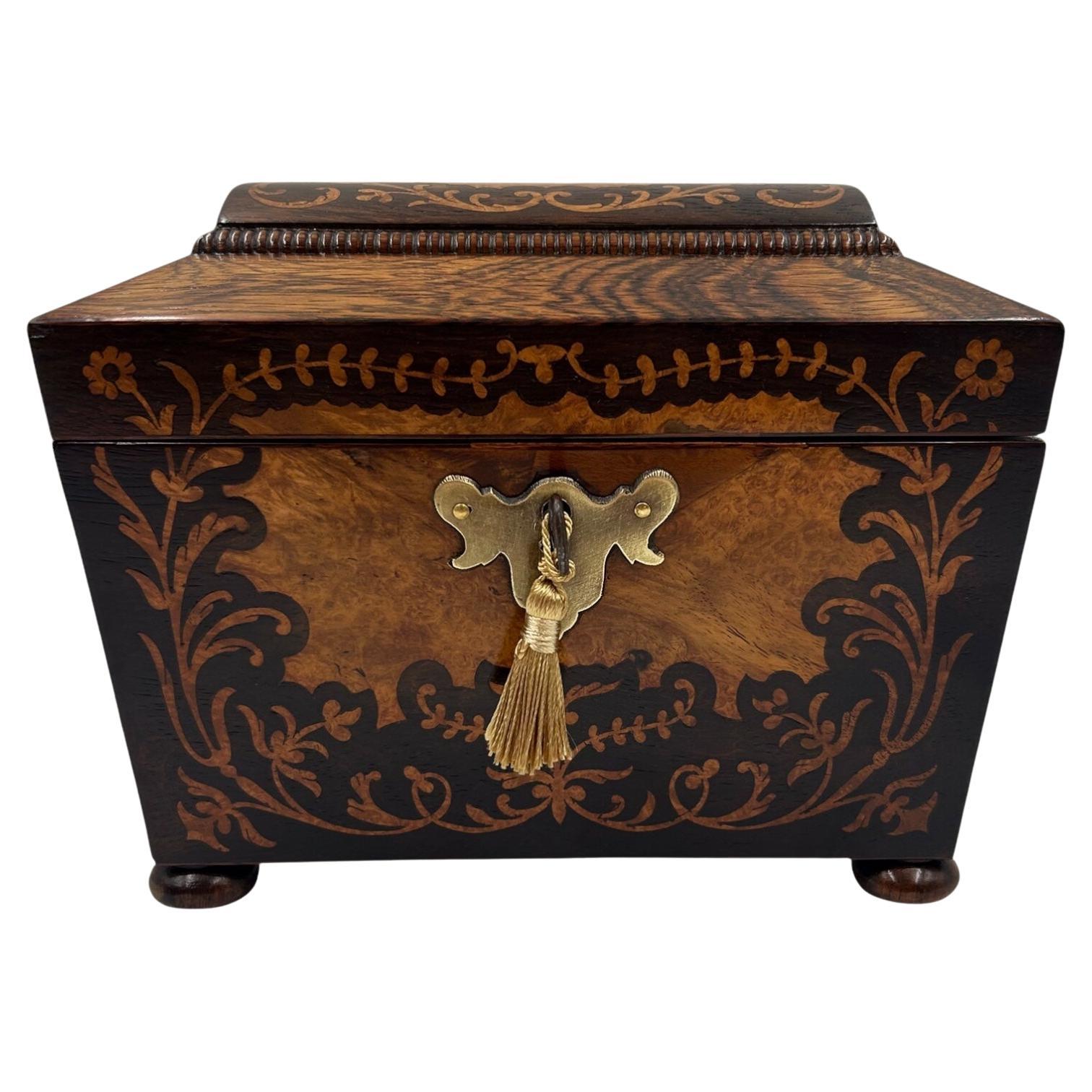Caja de té antigua de marquetería y palisandro de la Regencia
