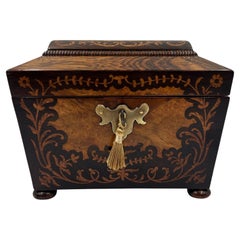 Caja de té antigua de marquetería y palisandro de la Regencia