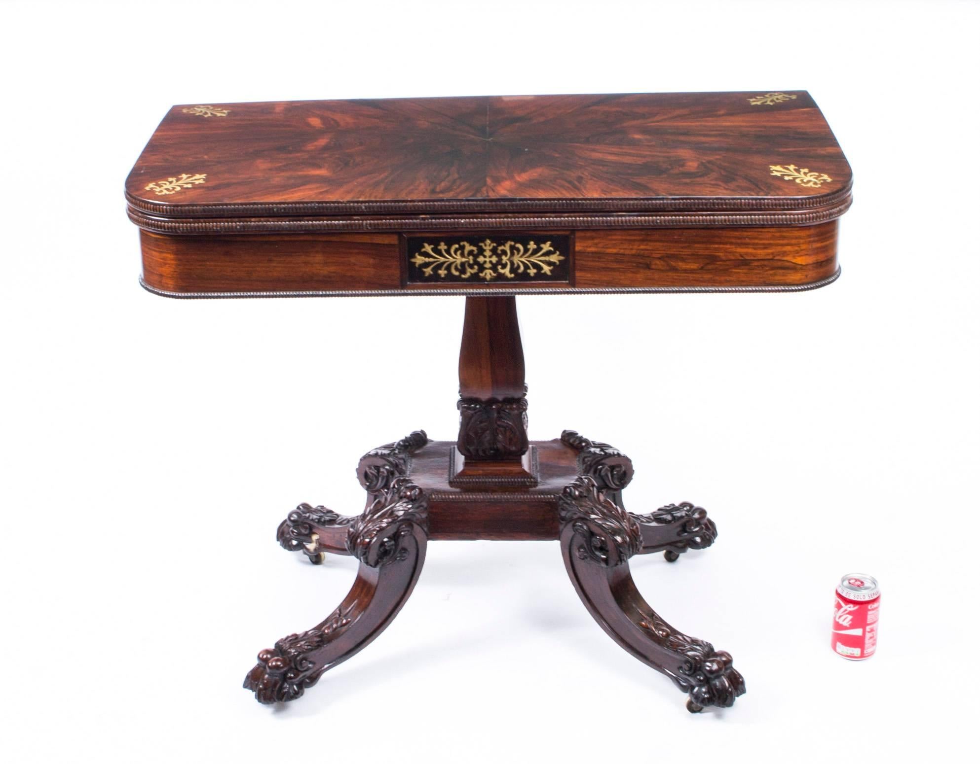 Antique Regency Rosewood Brass Inlaid Card Table, 19th Century 8
