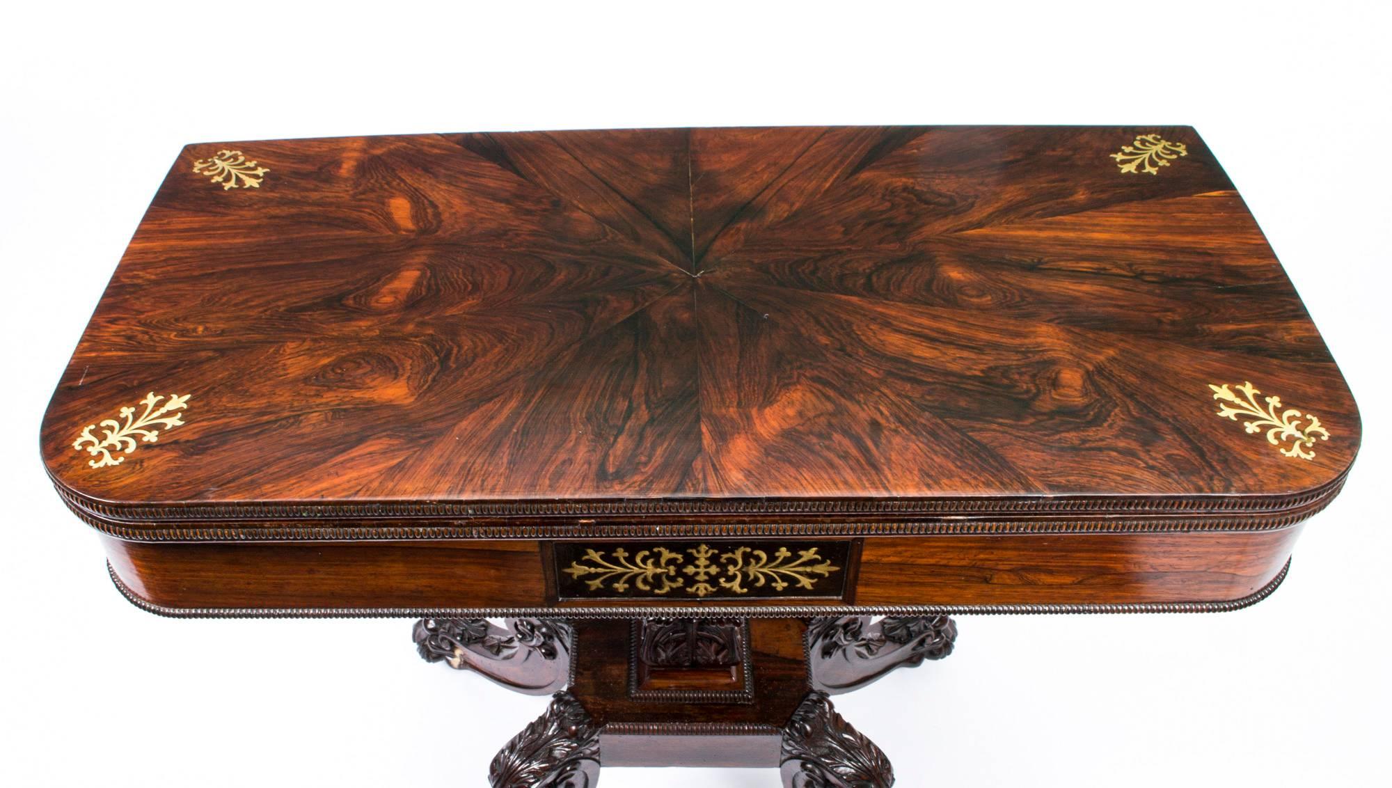 English Antique Regency Rosewood Brass Inlaid Card Table, 19th Century