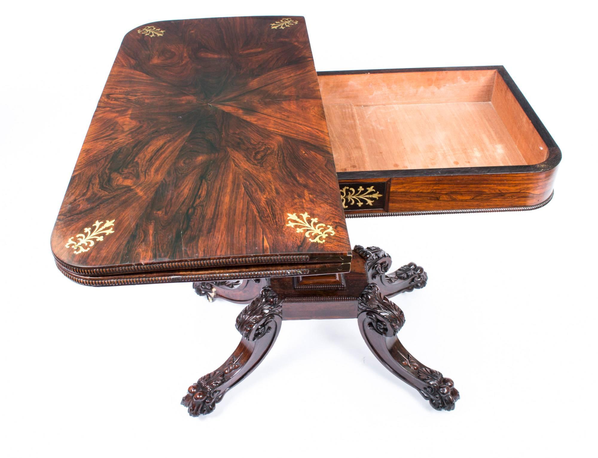 Antique Regency Rosewood Brass Inlaid Card Table, 19th Century 3