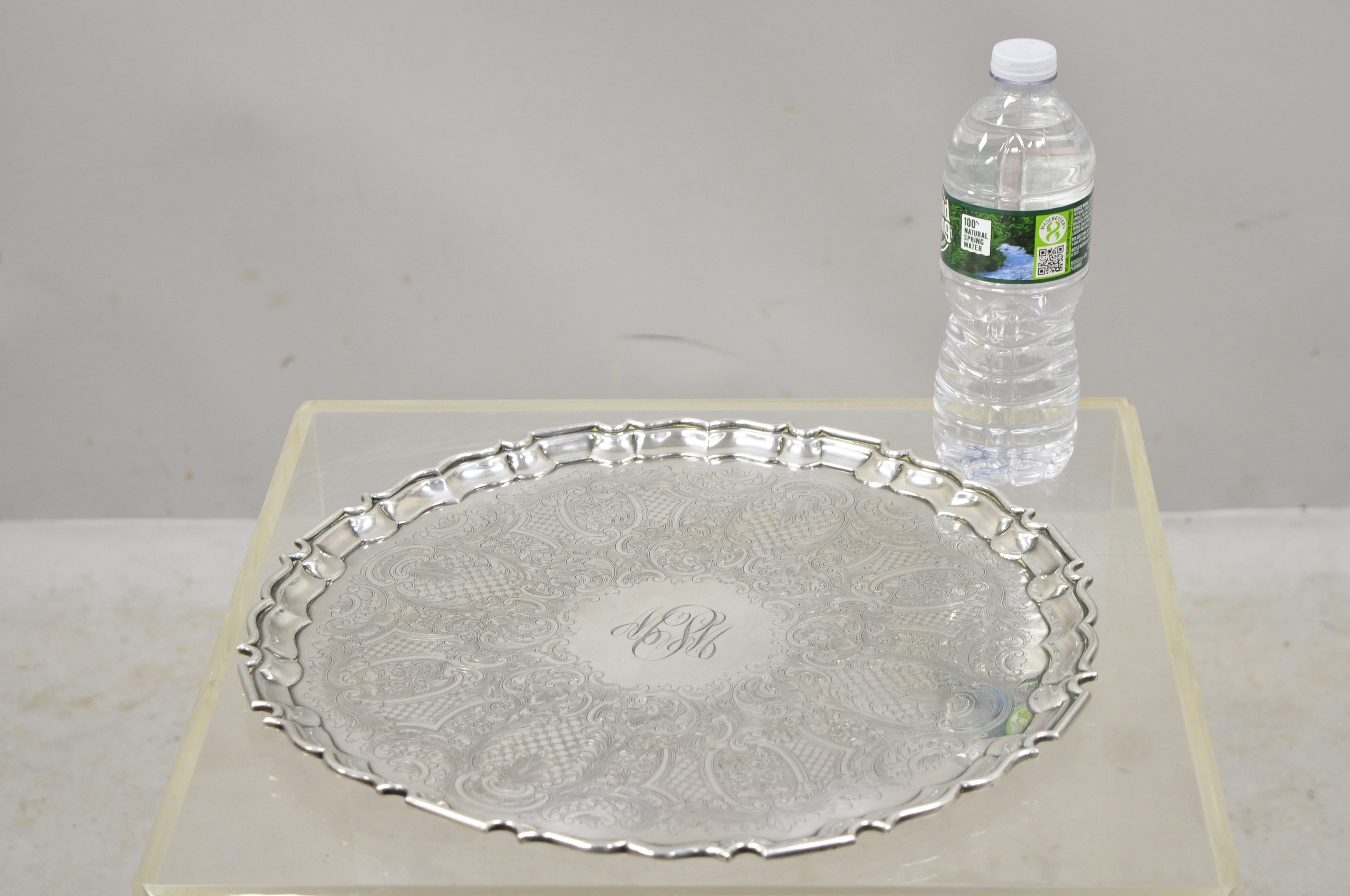 Antique Regency Silver Plate Scalloped Edge Floral Scrollwork Platter Tray For Sale 5
