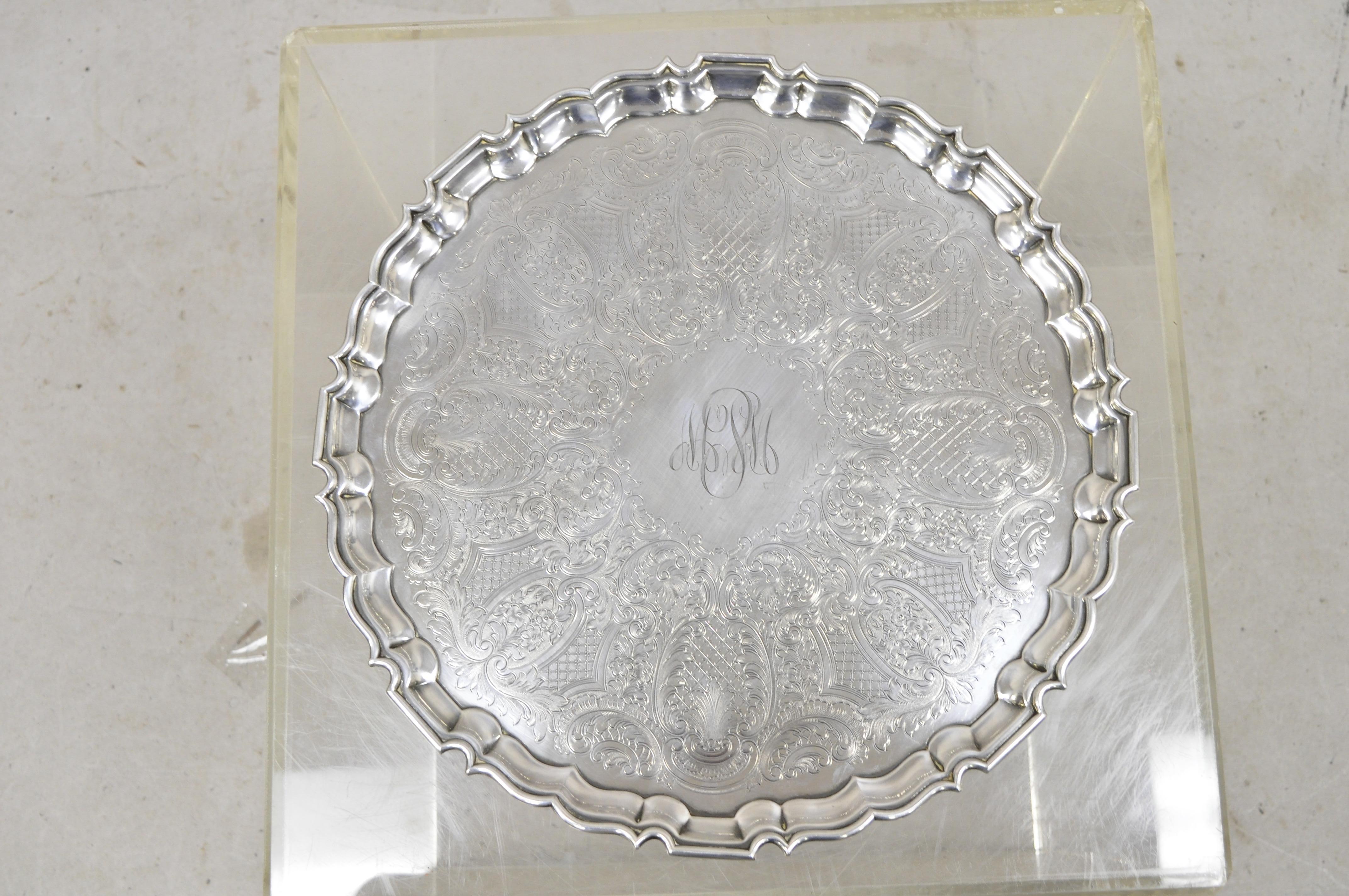 Antique Regency Silver Plate Scalloped Edge Floral Scrollwork Platter Tray In Good Condition For Sale In Philadelphia, PA