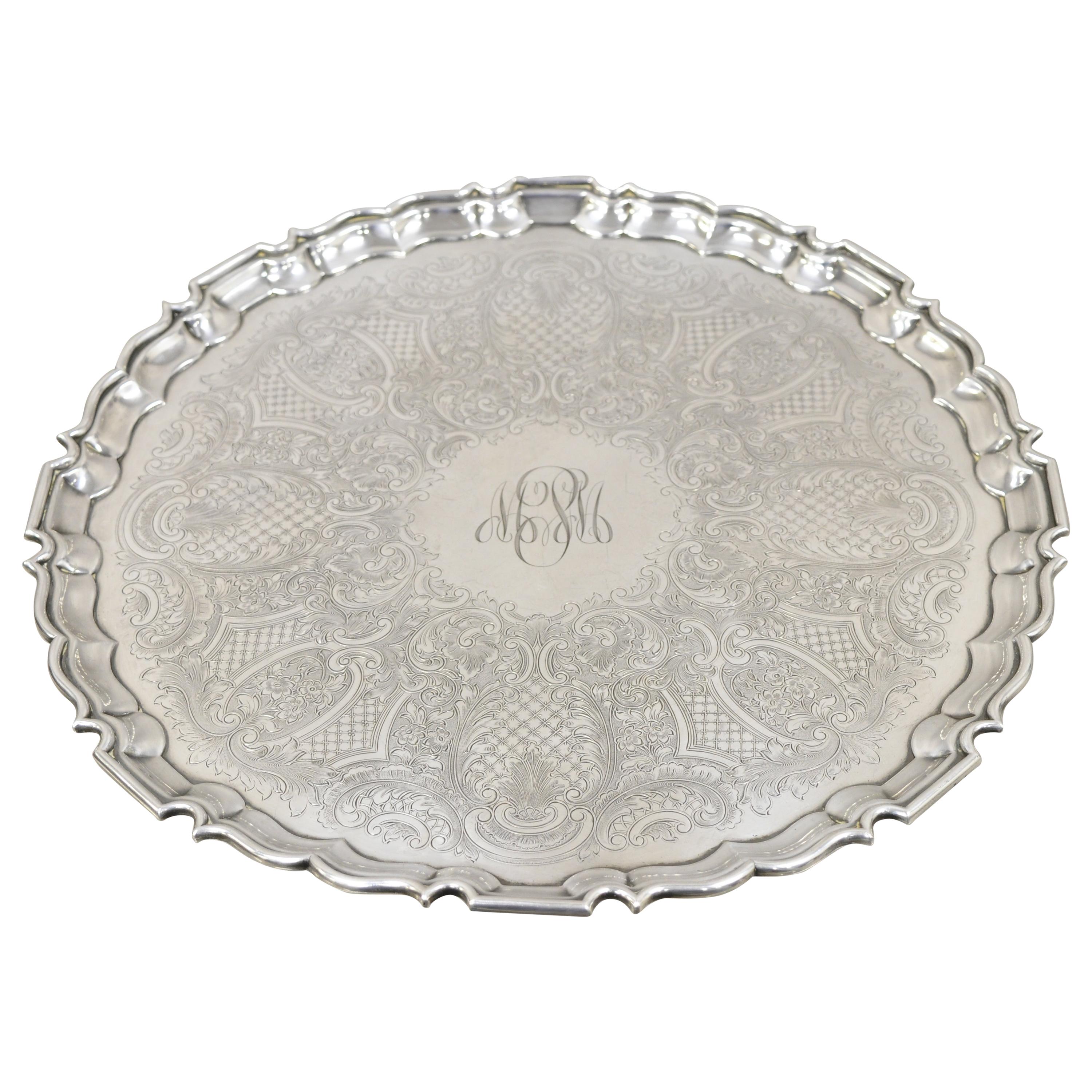 Antique Regency Silver Plate Scalloped Edge Floral Scrollwork Platter Tray For Sale