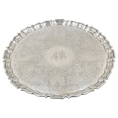 Antique Regency Silver Plate Scalloped Edge Floral Scrollwork Platter Tray