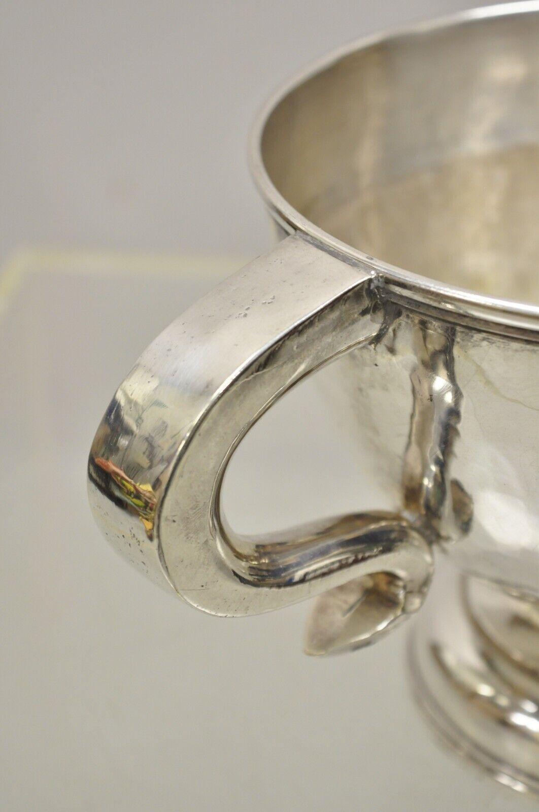 20th Century Antique Regency Silver Plated Thick Twin Handle Hand Hammered Trophy Cup Bowl For Sale