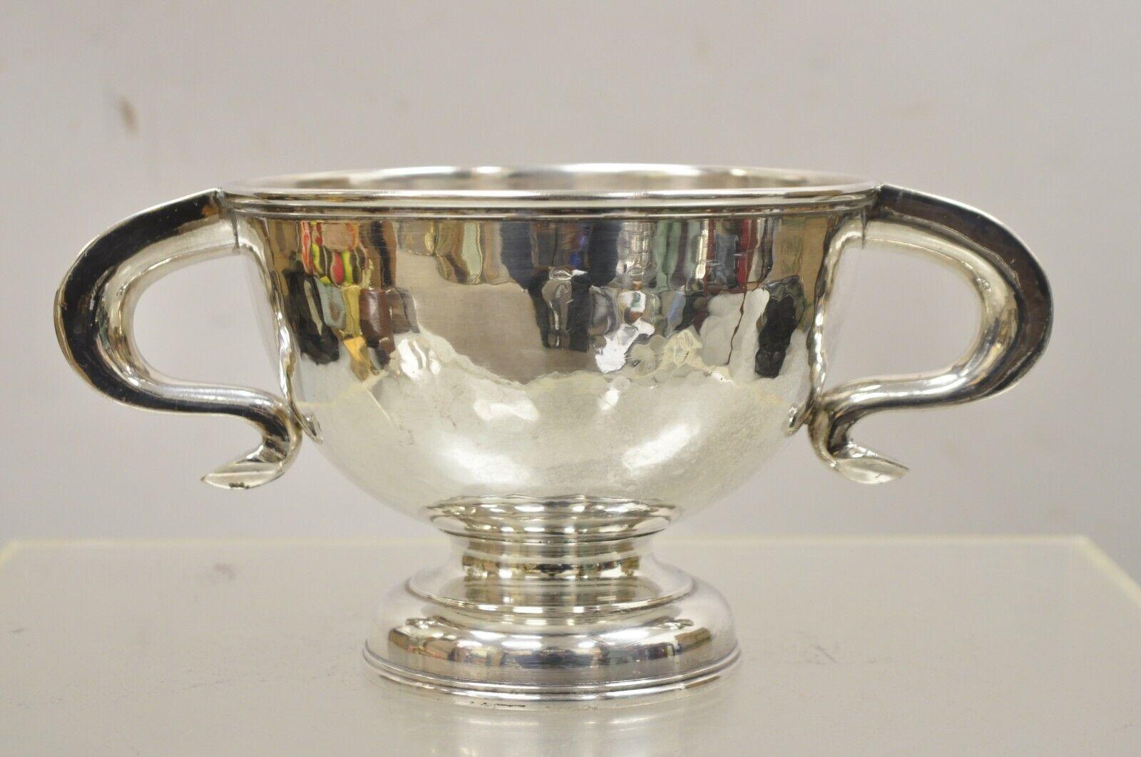 Antique Regency Silver Plated Thick Twin Handle Hand Hammered Trophy Cup Bowl For Sale 2