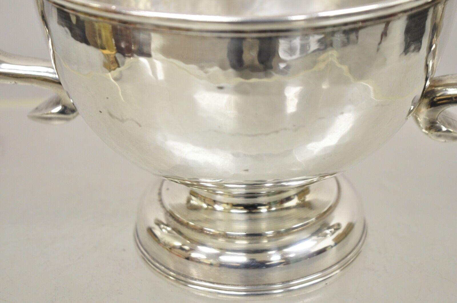 Antique Regency Silver Plated Thick Twin Handle Hand Hammered Trophy Cup Bowl For Sale 5