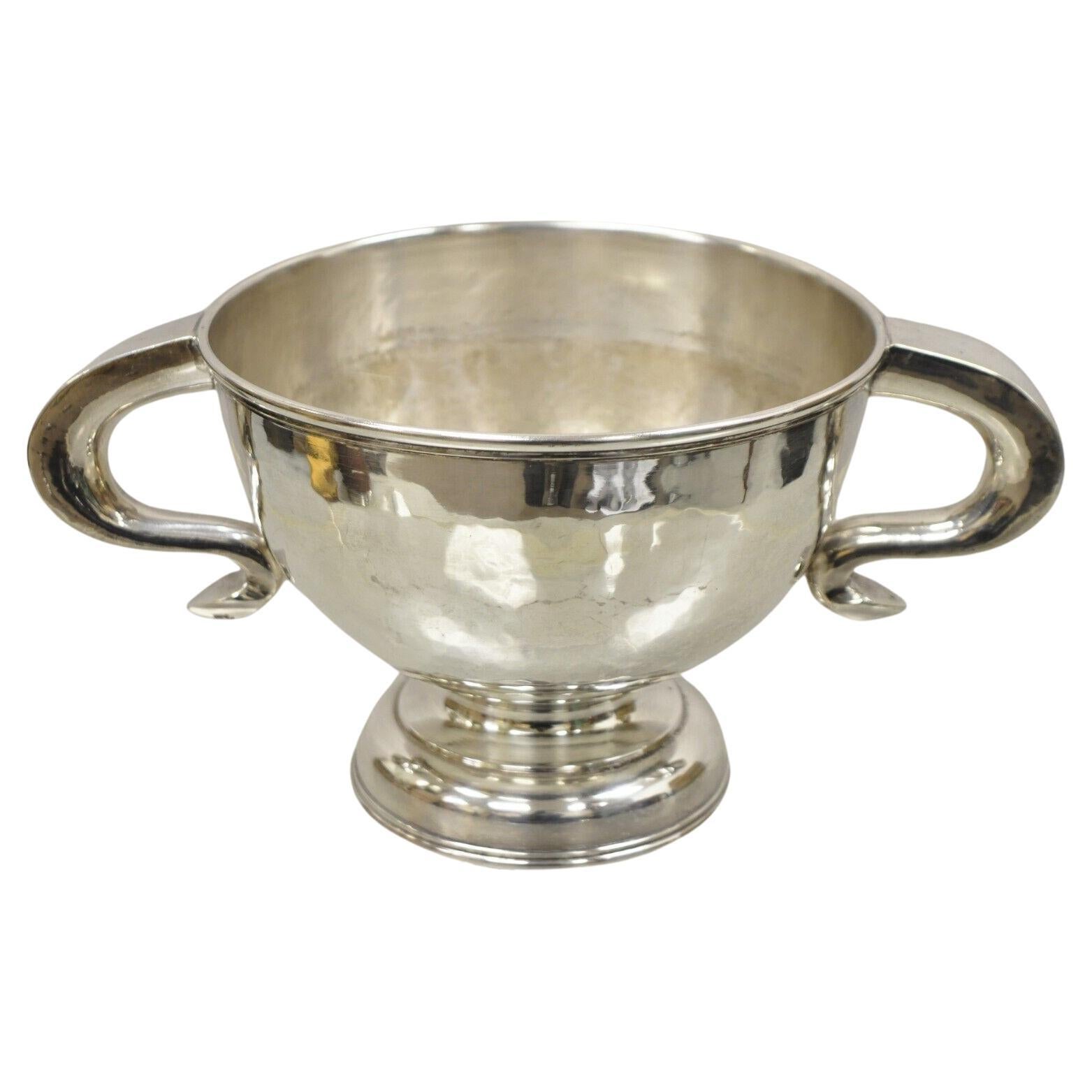 Antique Regency Silver Plated Thick Twin Handle Hand Hammered Trophy Cup Bowl For Sale