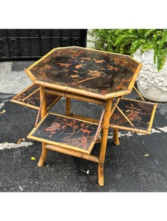 Antique Regency Style Black Chinoiserie Bamboo Mulit Drop Leaf Table