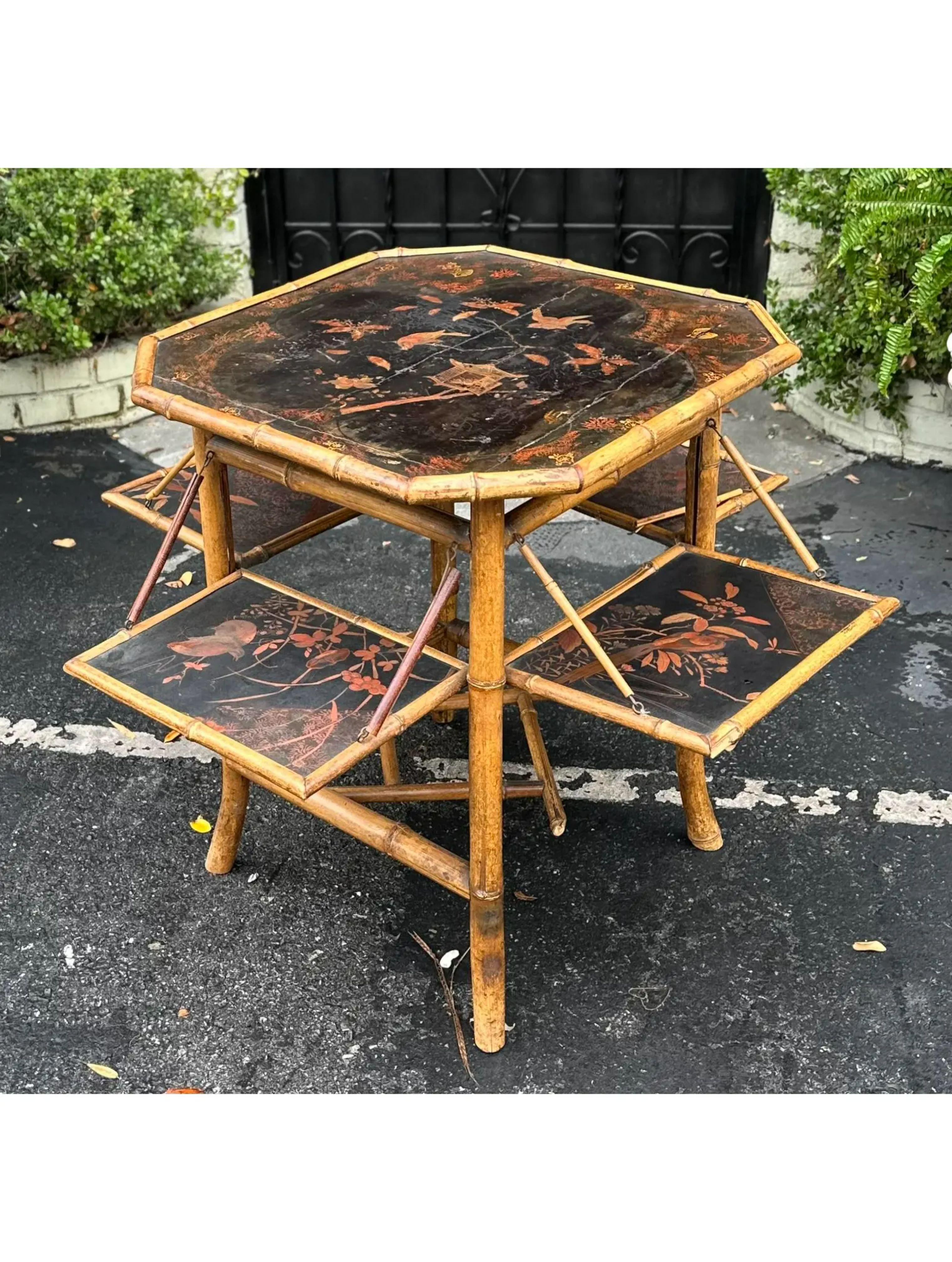 Antique Regency Style Black Chinoiserie Bamboo Mulit Drop Leaf Table In Good Condition In LOS ANGELES, CA