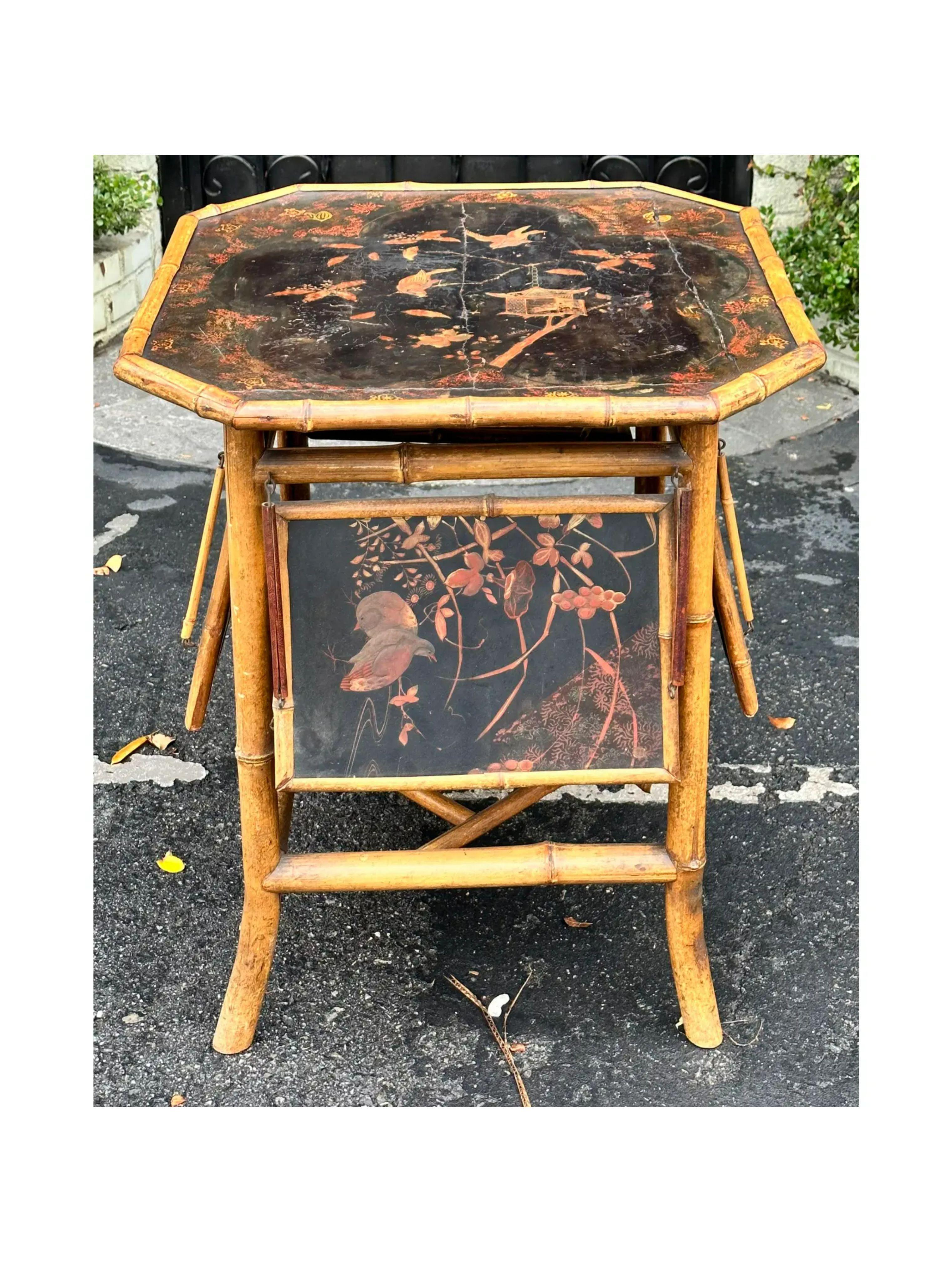 Antique Regency Style Black Chinoiserie Bamboo Mulit Drop Leaf Table 1