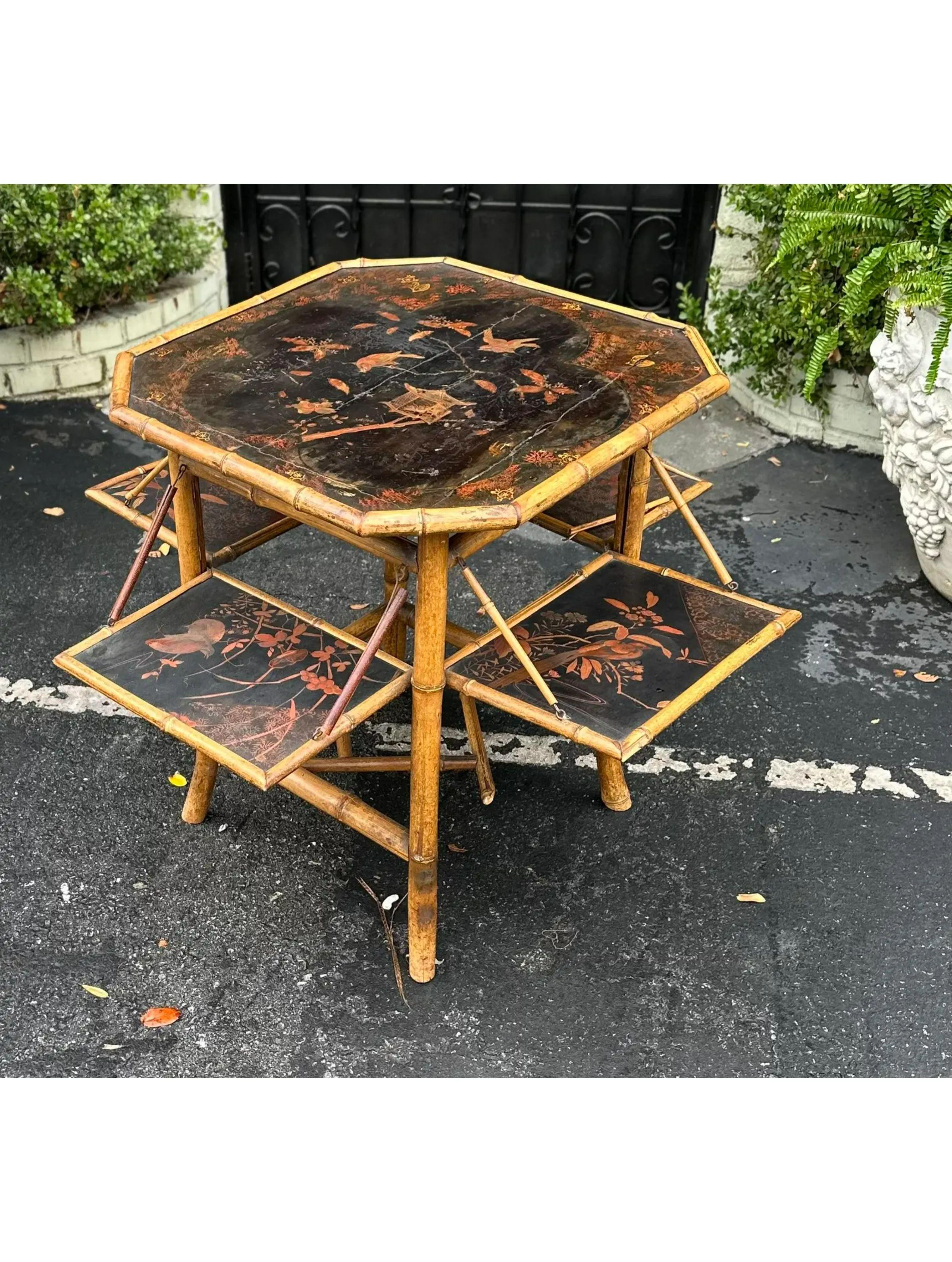 Antique Regency Style Black Chinoiserie Bamboo Mulit Drop Leaf Table 2