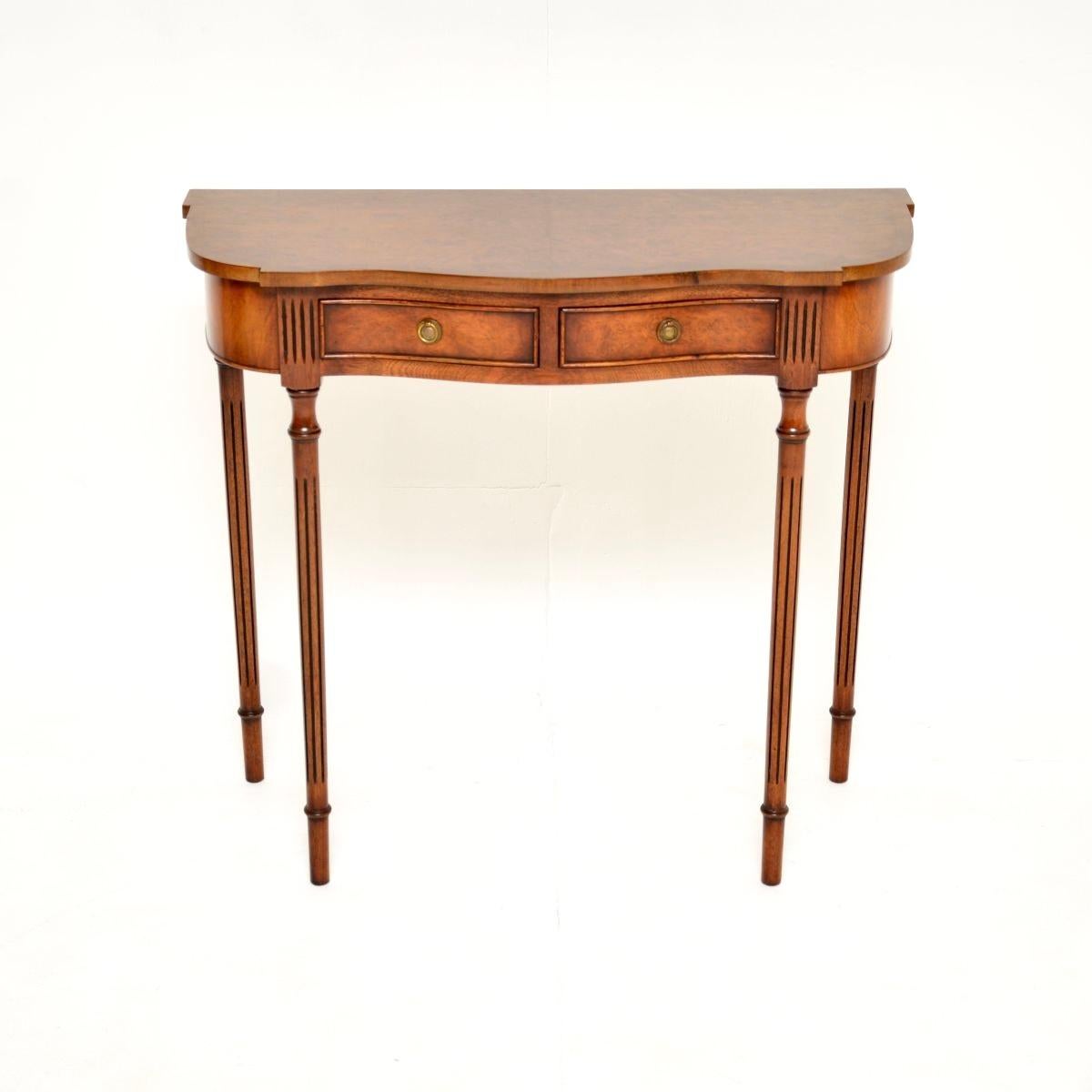 British Antique Regency Style Burr Walnut Console Table For Sale