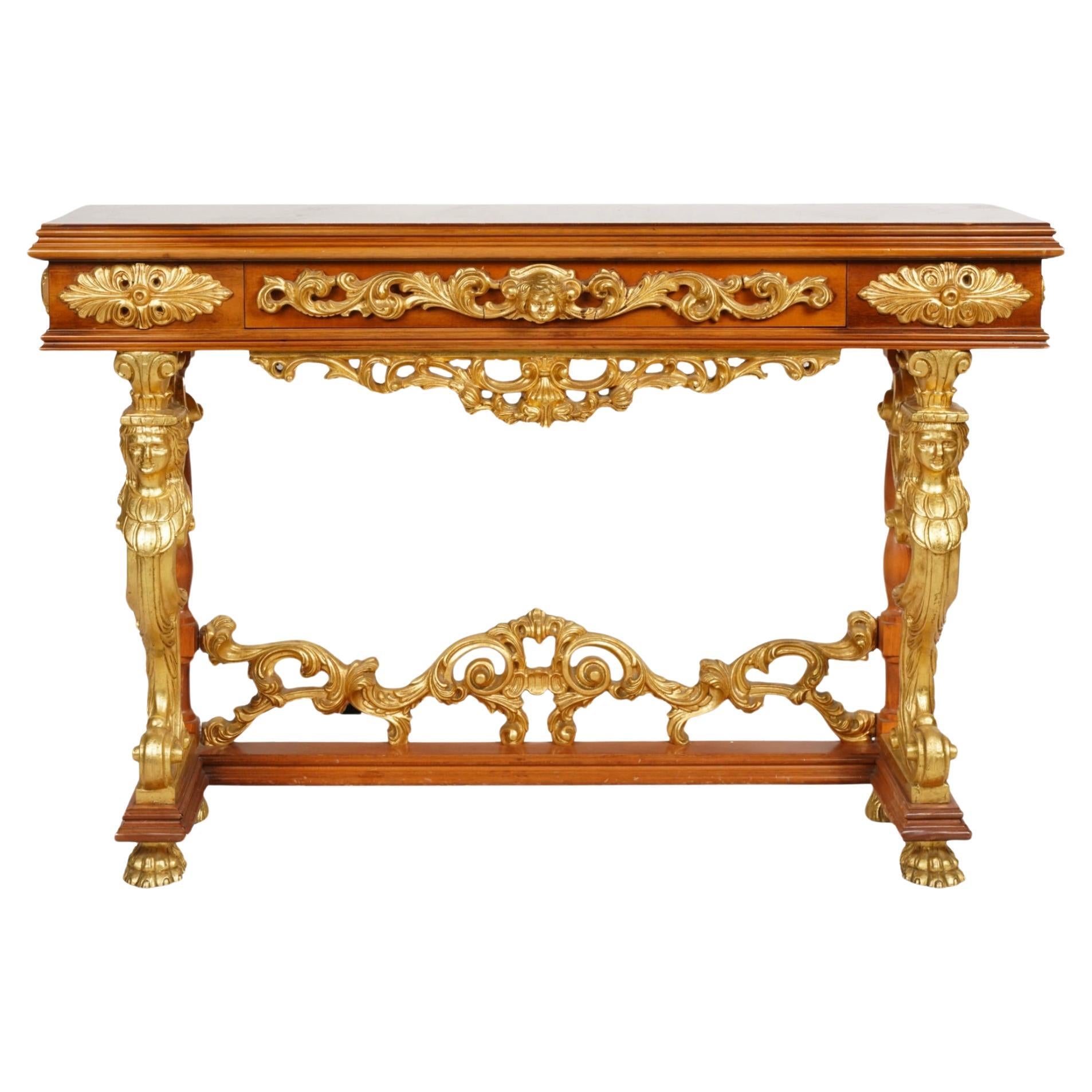 Ancienne table console figurative en bois doré et acajou de style Régence en vente
