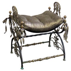 Oscar Bach Bronze and Wrought Iron Antique Regency Style Bench Stool 