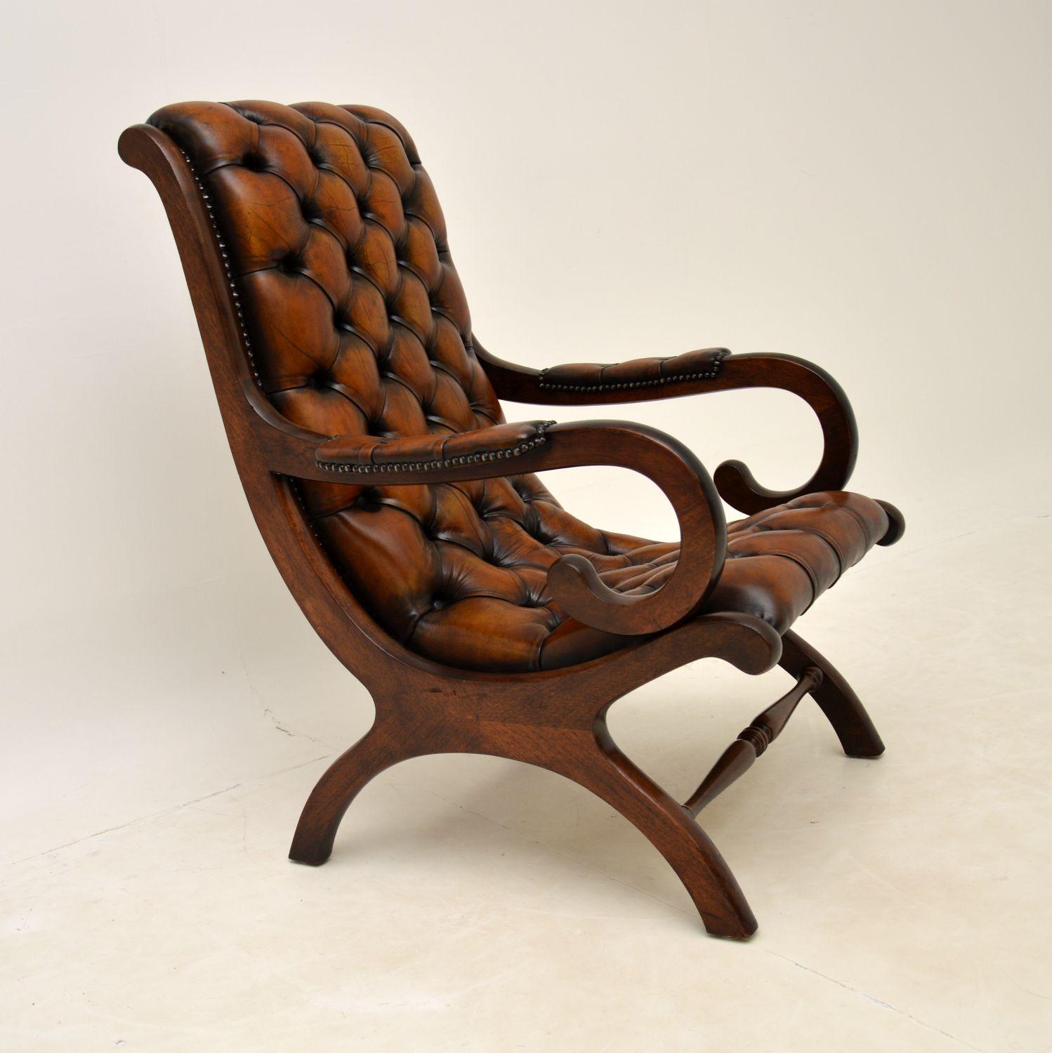 English Antique Regency Style Leather Armchair & Stool