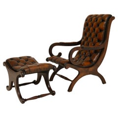 Antique Regency Style Leather Armchair & Stool