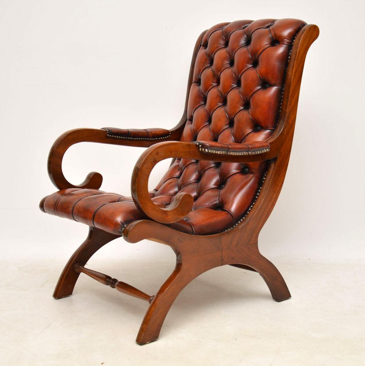 English Antique Regency Style Leather and Mahogany Armchair