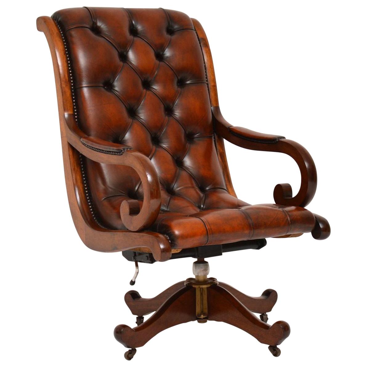 Antique Regency Style Leather and Mahogany Swivel Desk Chair