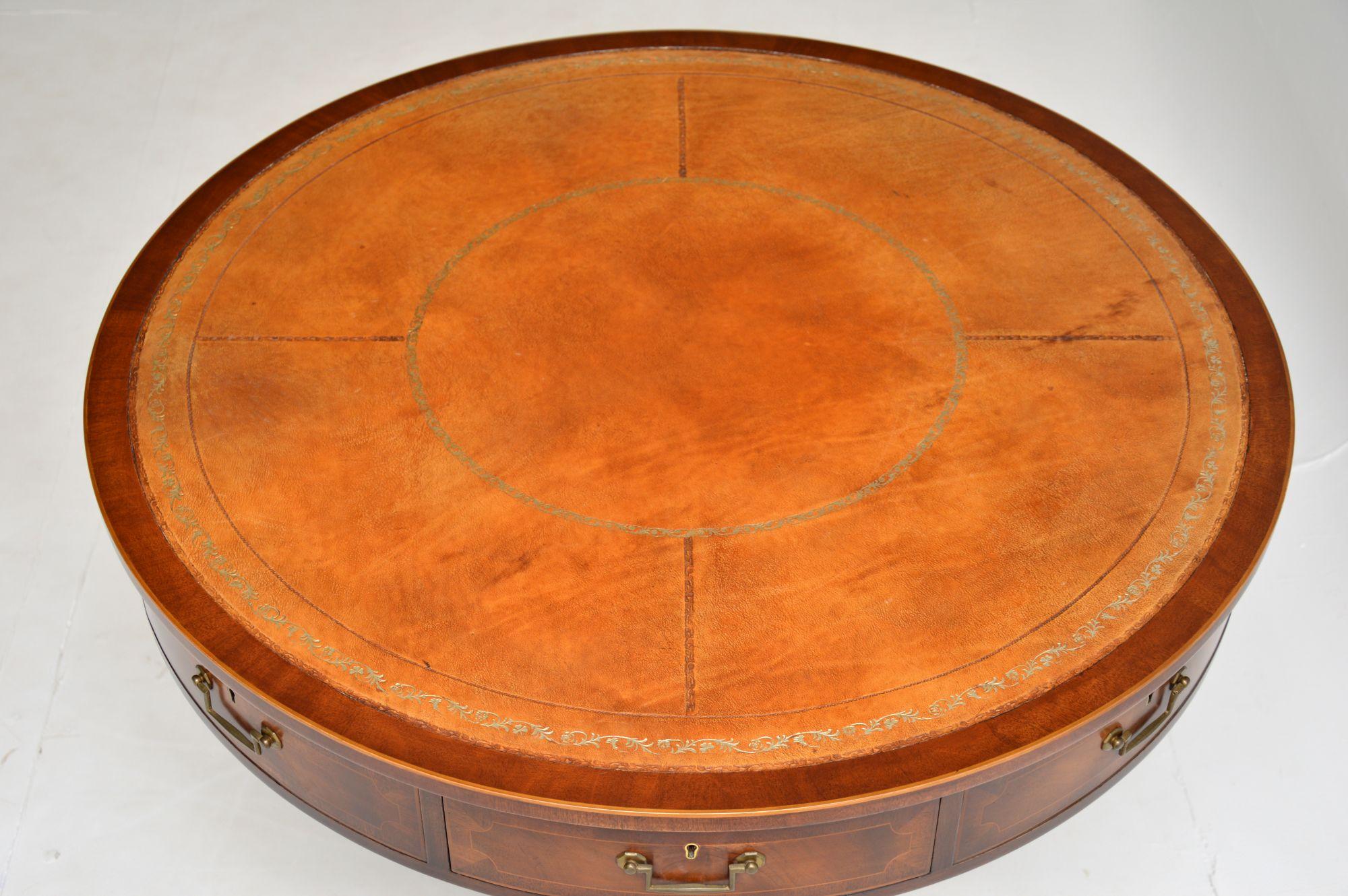 English Antique Regency Style Leather Top Drum Table