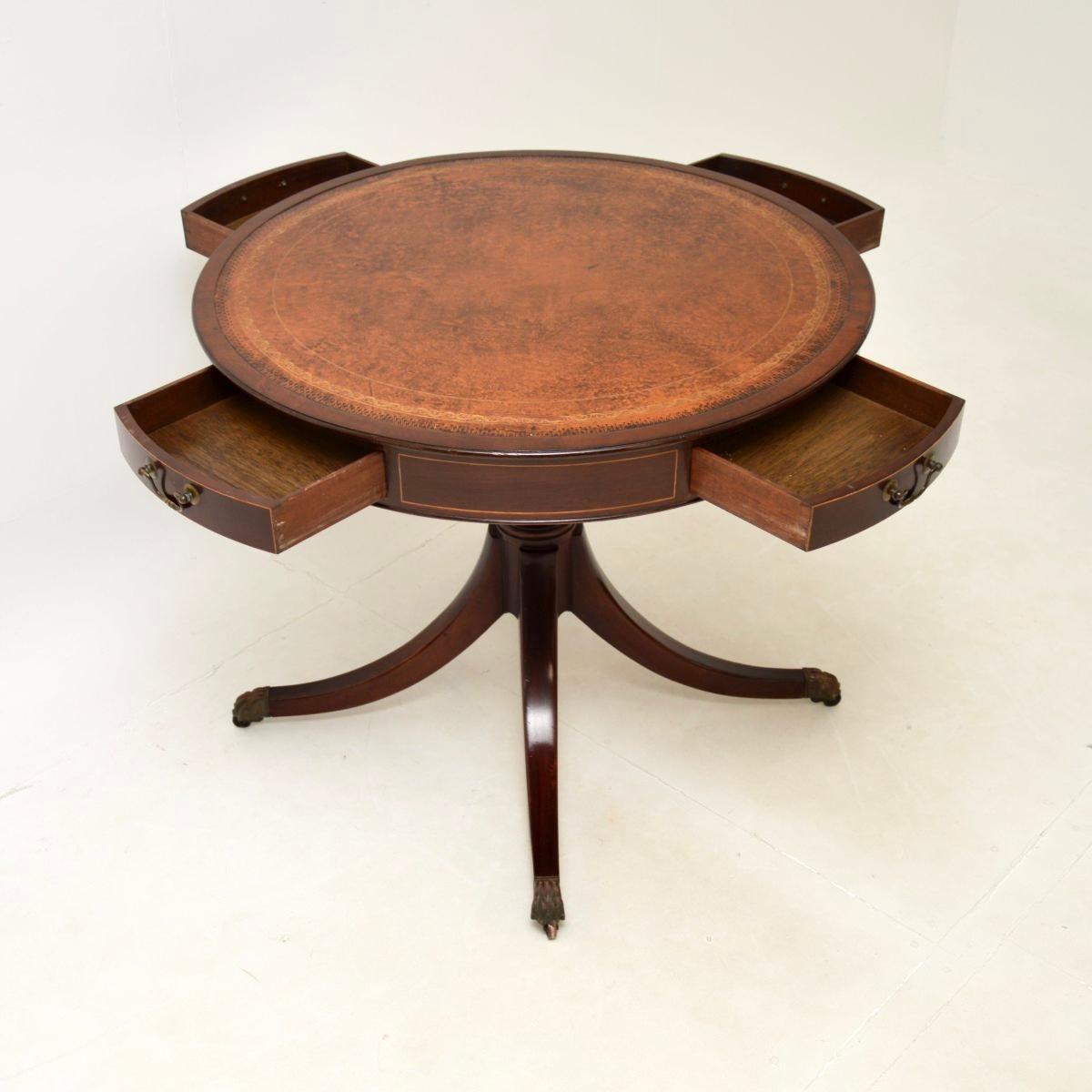 British Antique Regency Style Leather Top Drum Table