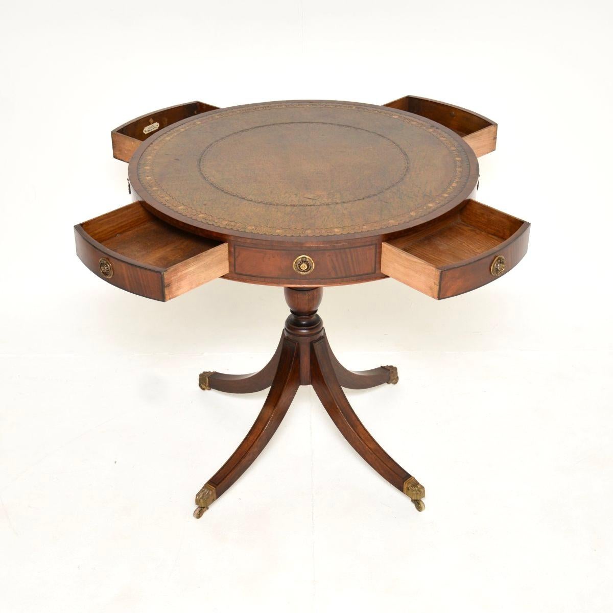 British Antique Regency Style Leather Top Drum Table For Sale