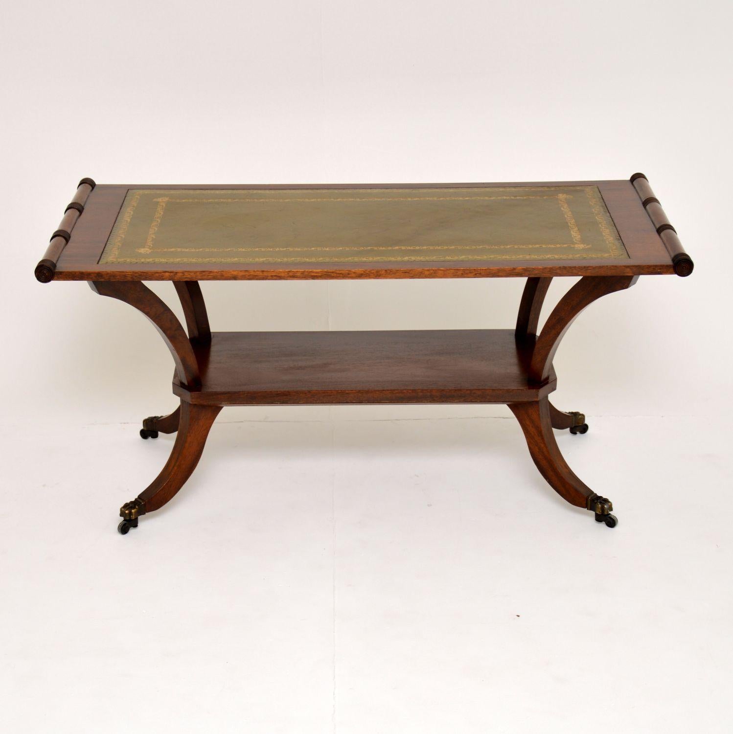 Antique Regency style mahogany coffee table in good original condition, which I would date from circa 1930s period.

This table has come straight out of a London residence and we didn’t think it merited sending down to our polishers, so we gave it
