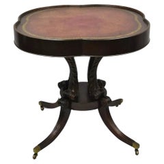 Antique Regency Style Mahogany Red Leather Top Plume Carved Base Center Table