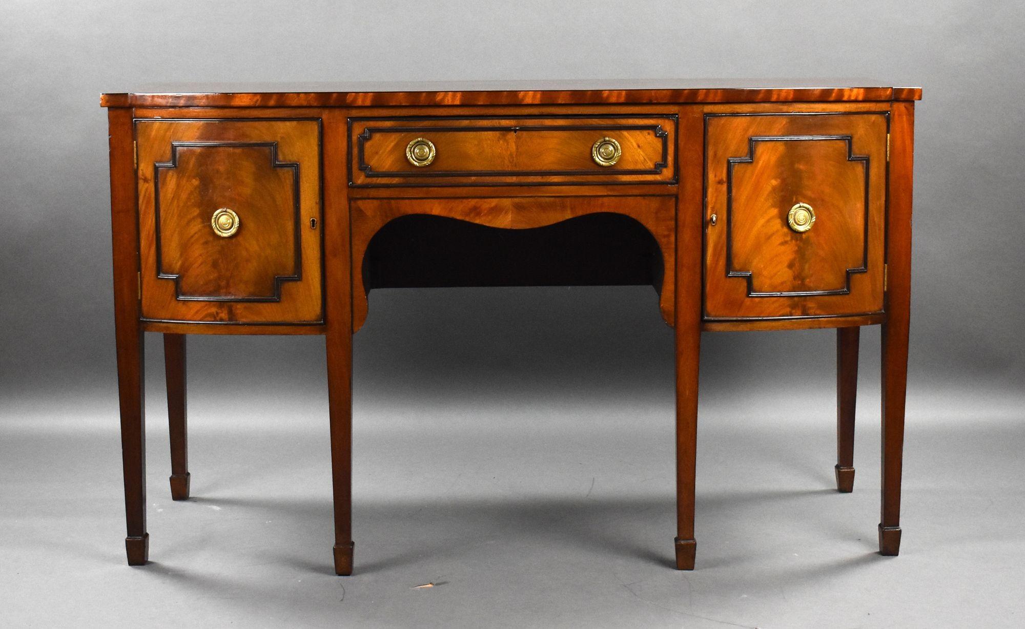 For sale is a good quality antique Regency style mahogany sideboard, having a cross banded top with a central drawer below, flanked by cupboards, the sideboard is raised on tapered legs terminating on spade feet. The sideboard is in very good