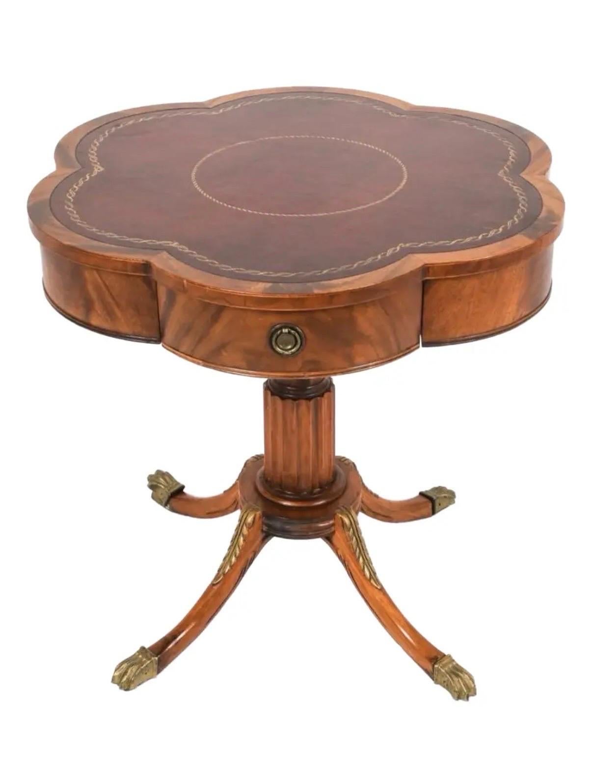 20th Century Antique Regency Style Scalloped Mahogany Drum Table With Leather Top