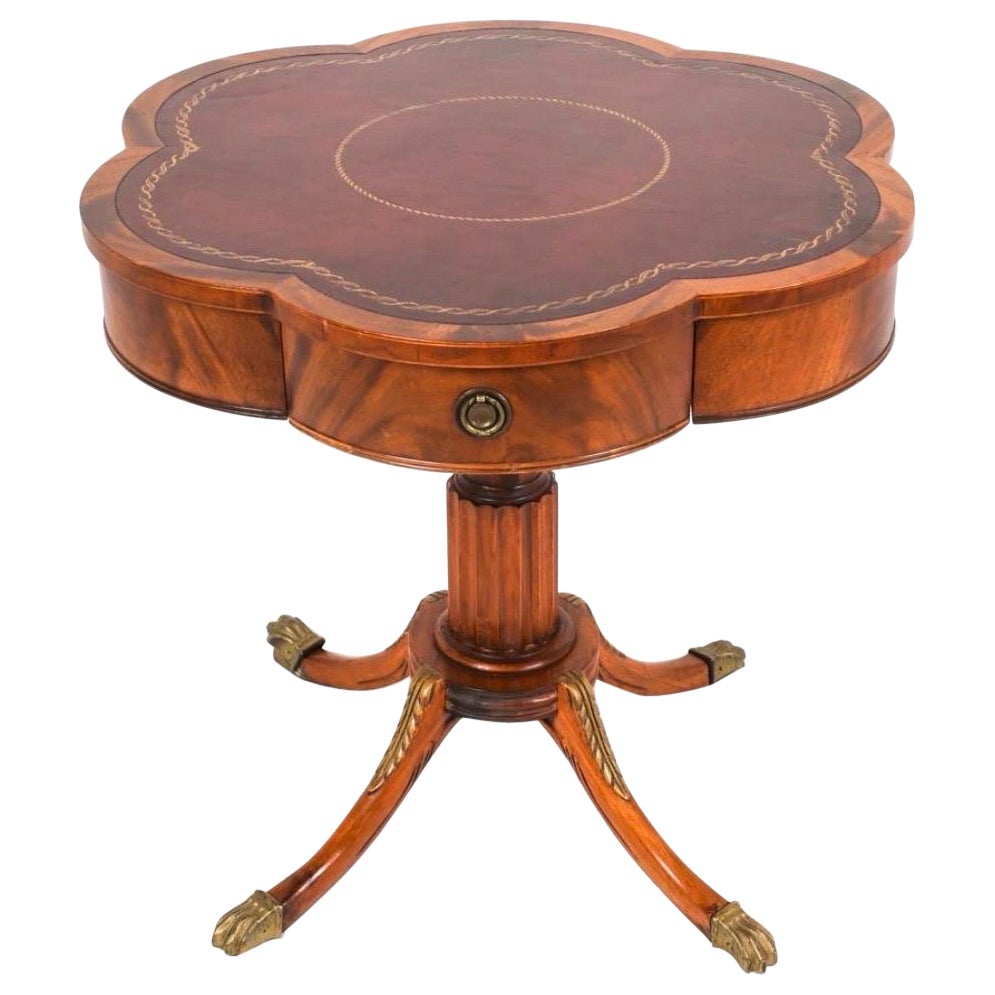 Antique Regency Style Scalloped Mahogany Drum Table With Leather Top